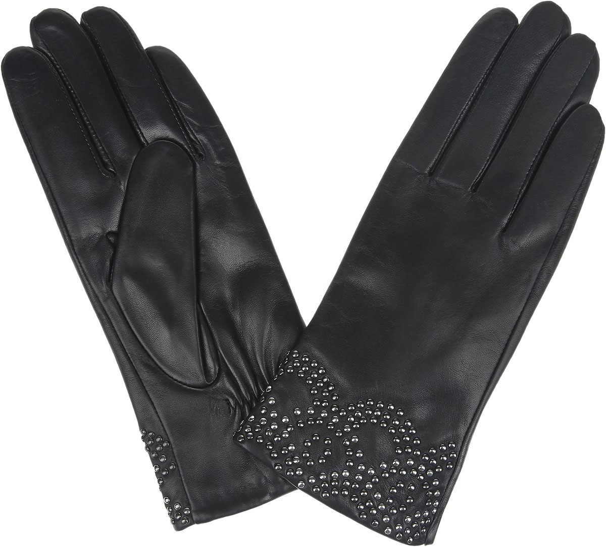 Перчатки9.80-1_black Перчатки9.80-1_blackЖенские перчатки Fabretti не только защитят ваши руки от холода, но и станут стильным украшением вашего образа. Перчатки изготовлены из натуральной кожи на подкладке из шерсти с добавлением кашемира. Лицевая сторона модели декорирована по краю узором, выполненным из металлических клепок. Запястье оснащено небольшой резинкой, фиксирующей модель на руке. Перчатки Fabretti станут завершающим и подчеркивающим элементом вашего стиля.
