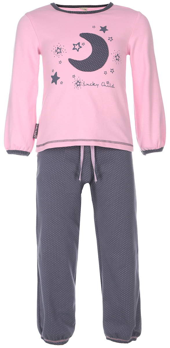 Пижама12-401 Пижама12-401Очаровательная пижама для девочки Lucky Child, состоящая из футболки с длинным рукавом и брюк, идеально подойдет вашей дочурке и станет отличным дополнением к детскому гардеробу. Изготовленная из натурального хлопка - интерлока, она необычайно мягкая и приятная на ощупь, не раздражает нежную кожу ребенка и хорошо вентилируется, а эластичные швы приятны телу и не препятствуют его движениям. Футболка с длинными рукавами и круглым вырезом горловины оформлена оригинальной аппликацией в виде месяца, а также принтом с изображением звездочек и названием бренда. Горловина и низ рукавов оформлены мелким гороховым принтом. Низ изделия оформлен контрастной фигурной прострочкой. Брюки на талии имеют широкий эластичный пояс со шнурком, благодаря чему они не сдавливают животик ребенка и не сползают. Низ брючин присборен на эластичные резинки. Оформлены брюки мелким гороховым принтом. Такая пижама идеально подойдет вашей дочурке, а мягкие полотна позволят ей комфортно...