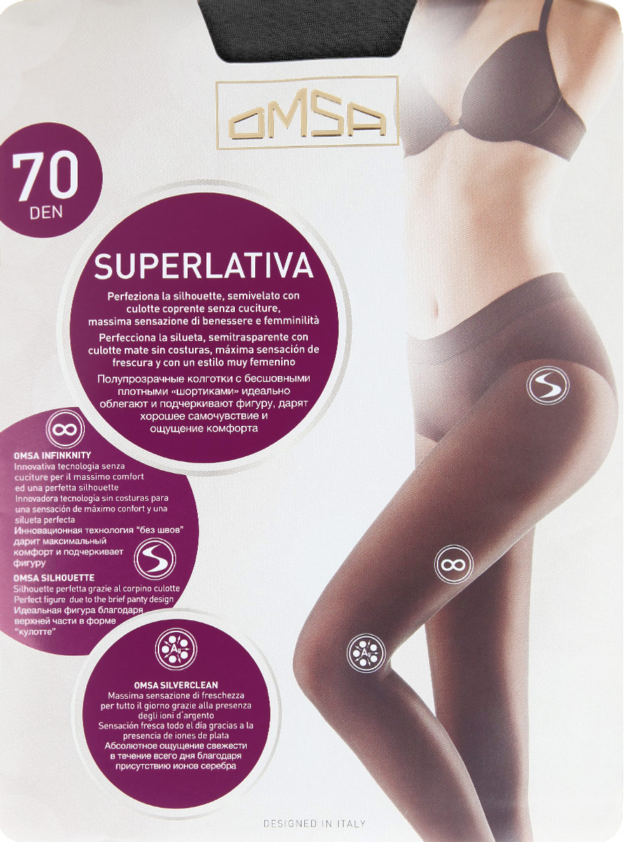 Колготки SuperLativa 70. 4069OM4069OM SuperLativa 70 Колготки SuperLativa 70. 4069OM4069OM SuperLativa 70Прозрачные колготки Omsa SuperLativa с бесшовной верхней частью в форме кулотте идеально облегают и подчеркивают фигуру, дарят ощущение комфорта и женственности. Модель выполнена из полиамида с добавлением эластана. Ионы серебра дарят абсолютное ощущение свежести в течение всего дня. Полупрозрачные колготки с бесшовными плотными шортиками дополнены на поясе анатомическим ремешком с мелкими ребрышками, который гарантирует идеальное облегание. Исключительно гладкая вязка с особой технологией 3D создает приятное ощущение шелковистости при контакте с телом, а также обеспечивает максимальную прочность и идеальную посадку. Плотность: 70 Den.