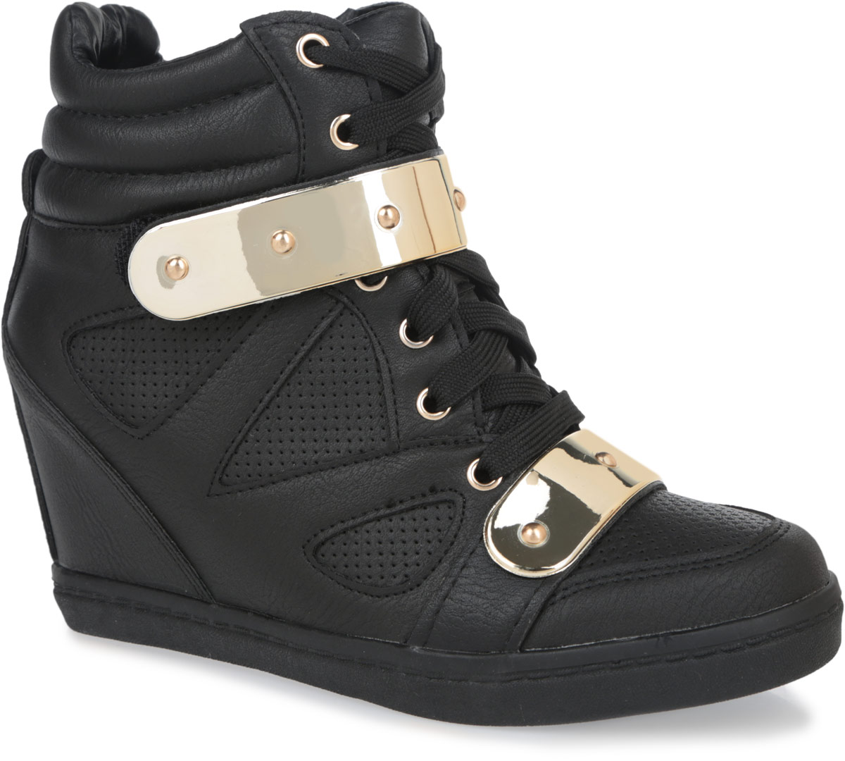 Сникерсы женские. 9150-039150-03/BLACK Сникерсы женские. 9150-039150-03/BLACKСтильные женские сникерсы Burlesque заинтересуют вас своим дизайном с первого взгляда. Модель выполнена из искусственной кожи, декорированной легкой перфорацией. Внутри изделие выполнено из текстиля с верхней отделкой из искусственной кожи. По канту сникерсы дополнены горизонтальной строчкой. Верх обуви оформлен шнуровкой и ремешком на застежке-липучке, которые надежно зафиксируют обувь на ноге и отрегулируют объем. Стелька выполнена из ЭВА материала с покрытием из искусственной кожи. Область подъема и голенище украшены пластинами с имитацией под металл. Танкетка умеренной высоты - устойчива. Подошва из полимерного термопластичного материала с рельефным протектором обеспечивает отличное сцепление с любой поверхностью. В этих сникерсах вашим ногам будет комфортно и уютно. Они подчеркнут ваш стиль и индивидуальность.
