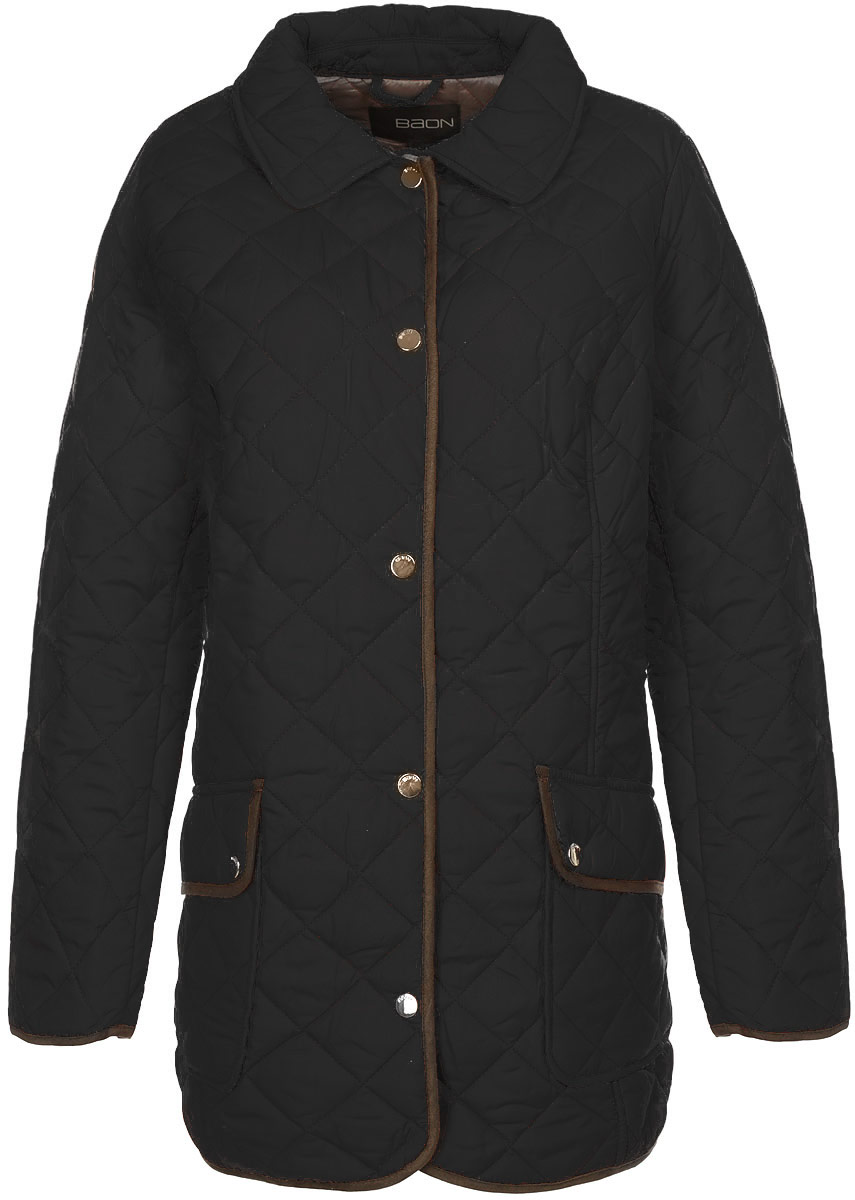 КурткаB035625_BLACK КурткаB035625_BLACKСтильная женская куртка Baon отлично подойдет для прохладной погоды. Модель прямого кроя с отложным воротником и длинными рукавами застегивается по всей длине на металлические кнопки. Куртка оформлена стеганой отстрочкой и дополнена двумя нашивными карманами с клапанами на кнопках. Эта модная куртка послужит отличным дополнением к вашему гардеробу.