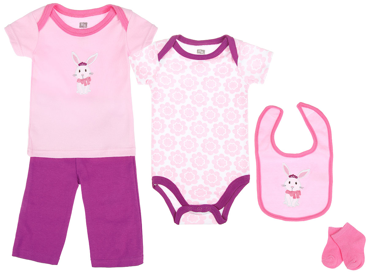 Комплект одежды58102 Комплект одежды58102Комплект для новорожденного Hudson Baby Зайка - это замечательный подарок, который прекрасно подойдет для первых дней жизни малышки. Комплект состоит из боди, футболки, штанишек, нагрудника и носочков. Одежда выполнена из натурального хлопка, не сковывает движения и позволяет коже дышать, не раздражает даже самую нежную и чувствительную кожу ребенка, обеспечивая ему наибольший комфорт. Носочки изготовлены из хлопка с добавлением нейлона и спандекса, нагрудник - из хлопка и полиэстера. Удобное боди с круглым вырезом горловины и короткими рукавами имеет специальные запахи на плечах и кнопки на ластовице, что значительно облегчает процесс переодевания ребенка и смену подгузника. Украшено изделие цветочным принтом. Футболка с короткими рукавами и круглым вырезом горловины также имеет запахи на плечах. Спереди модель дополнена нашивкой с изображением зайки. Штанишки на талии имеют мягкую резинку, не сдавливают животик малышки и не сползают. Они отлично ...