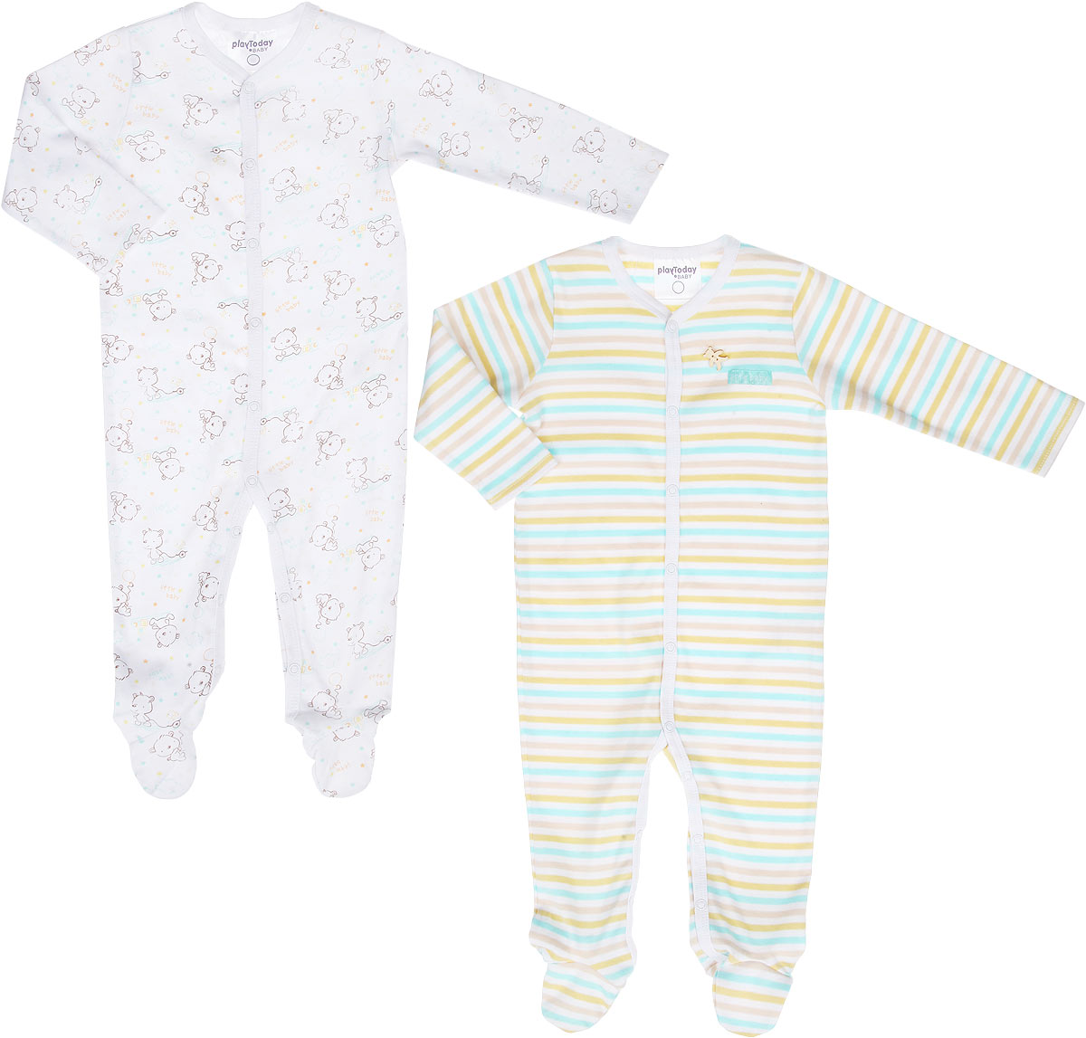 Комбинезон для мальчика Baby, 2 шт. 167853167853 Комбинезон для мальчика Baby, 2 шт. 167853167853Комбинезон для мальчика PlayToday Baby идеально подойдет вашему малышу. Изготовленный из высококачественного материала, он необычайно мягкий и приятный на ощупь, не сковывает движения и позволяет коже дышать, не раздражает даже самую нежную и чувствительную кожу ребенка, обеспечивая ему наибольший комфорт. Комбинезон с длинными рукавами, закрытыми ножками и V-образным вырезом горловины застегивается на металлические застежки-кнопки от выреза горловины до щиколоток, которые позволяют без труда переодеть ребенка или сменить подгузник. В комплект входят два комбинезона, один оформлен принтом в полоску и украшен небольшим декоративным элементом в виде фигурки медвежонка, а другой - принтом с изображением медвежонка по всей поверхности. Современный дизайн и расцветка делают эти комбинезоны незаменимым предметом детского гардероба. В них вашему маленькому мужчине будет комфортно и уютно, и он всегда будет в центре внимания!