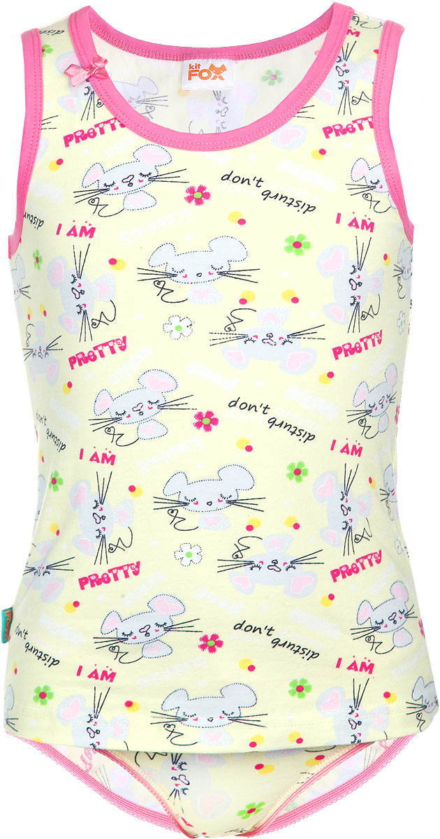 Комплект для девочки Mouse: майка, трусы. AW15-UAT-GTT-162AW15-UAT-GTT-162 Комплект для девочки Mouse: майка, трусы. AW15-UAT-GTT-162AW15-UAT-GTT-162Комплект для девочки KitFox из коллекции Mouse, состоящий из майки и трусов, прекрасно подойдет вашей маленькой принцессе. Изготовленный из эластичного хлопка, он мягкий и приятный на ощупь, не сковывает движения и позволяет коже дышать, не раздражает нежную кожу ребенка, обеспечивая ему наибольший комфорт. Майка с круглым вырезом горловины и широкими бретелями оформлена принтом с изображением мышек и надписей. Вырез горловины и проймы рукавов дополнены трикотажной резинкой контрастного цвета. Декорирована модель атласным бантиком. Трусики-слипы на талии имеют мягкую эластичную резинку, благодаря чему они не сдавливают животик ребенка и не сползают. Вырезы для ножек также дополнены эластичными резинками. Трусики украшены ажурными петельками и маленьким бантиком. Такой комплект станет отличным дополнением к детскому гардеробу, в нем ребенку будет комфортно и удобно.