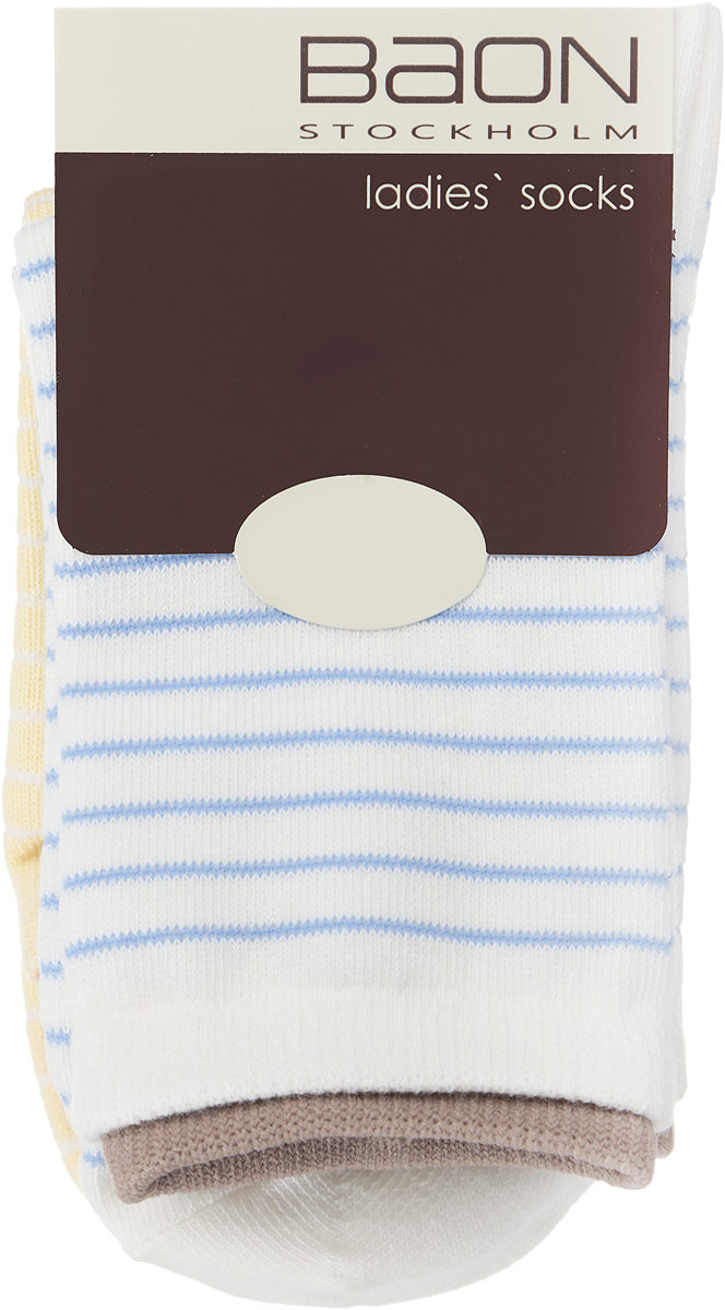 НоскиB396021_MILK-ANGEL BLUE НоскиB396021_MILK-ANGEL BLUEЖенские носки Baon, выполненные из хлопка и полиэстера, очень мягкие и приятные на ощупь, позволяют коже дышать, обеспечивая комфорт. Модель выполнена с усиленной пяткой и мыском, что обеспечивает ее прочность и износостойкость. Края эластичных манжет украшены окантовкой контрастного цвета. Резинка плотно облегает ногу, не сдавливая ее, благодаря чему вам будет комфортно и удобно. В комплект входят две пары носков, оформленных принтом в полоску.