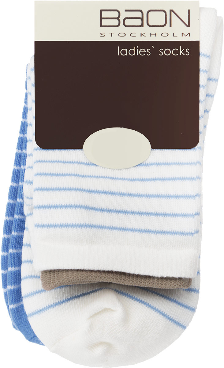 Носки женские, 2 пары. B396021B396021_MILK-ANGEL BLUE Носки женские, 2 пары. B396021B396021_MILK-ANGEL BLUEЖенские носки Baon, выполненные из хлопка и полиэстера, очень мягкие и приятные на ощупь, позволяют коже дышать, обеспечивая комфорт. Модель выполнена с усиленной пяткой и мыском, что обеспечивает ее прочность и износостойкость. Края эластичных манжет украшены окантовкой контрастного цвета. Резинка плотно облегает ногу, не сдавливая ее, благодаря чему вам будет комфортно и удобно. В комплект входят две пары носков, оформленных принтом в полоску.