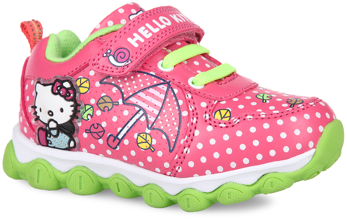Кроссовки для девочки Hello Kitty. 5295C5295C Кроссовки для девочки Hello Kitty. 5295C5295CОригинальные кроссовки Hello Kitty от Kakadu приведут вашу малышку в восторг. Модель выполнена из синтетической кожи, оформленной яркими изображениями и принтом горох. Полужесткий задник и ремешок на застежке-липучке надежно зафиксируют модель на ножке. Благодаря такой застежке ребенок может самостоятельно надевать обувь. Подъем дополнен декоративной эластичной шнуровкой. Подкладка выполнена из 100% гипоаллергенного хлопка - материала, который позволяет коже дышать и хорошо впитывает влагу. Мягкая, амортизирующая, антибактериальная стелька из EVA-материала с текстильной поверхностью обладает высокой воздухопроницаемостью, нейтрализует неприятный запах и препятствует появлению бактерий. Подошва, изготовленная из EVA-материала и термопластичной резины, оснащена рифлением для лучшей сцепки с поверхностью. Задник дополнен ярлычком для более удобного надевания обуви, язычок и ремешок декорированы принтом в виде символики бренда. При движении расположенная сбоку нашивка с...