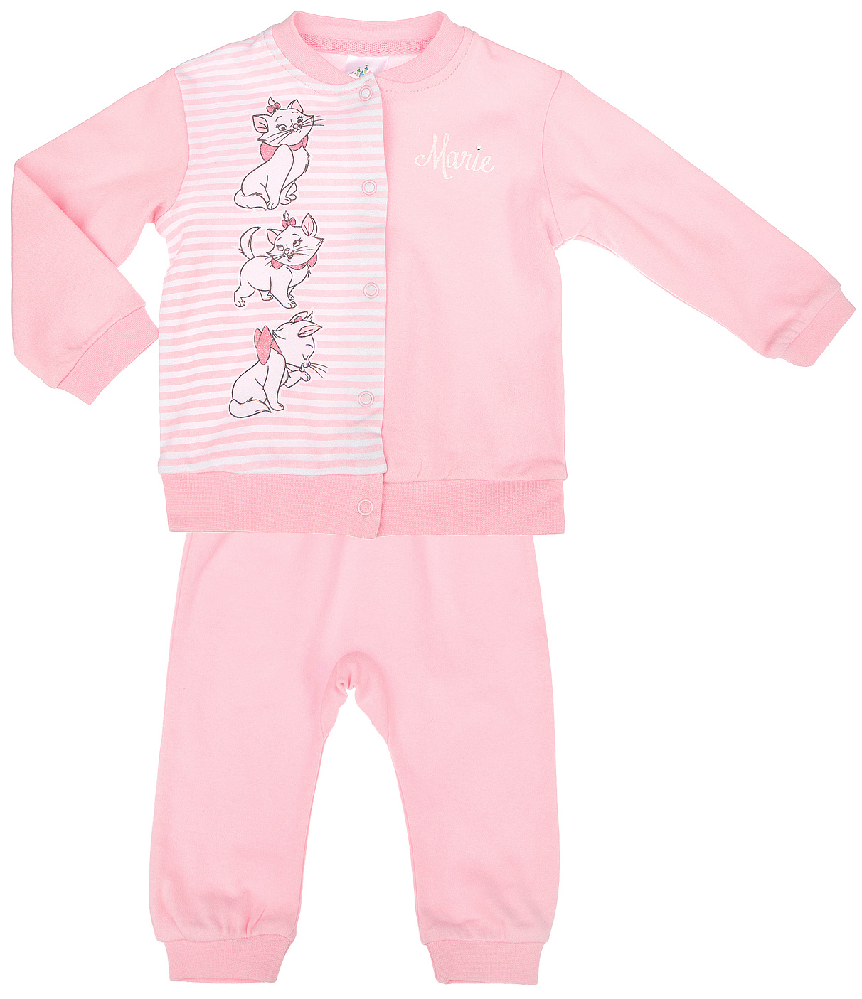 Комплект одежды668801 Комплект одежды668801Комплект для девочки PlayToday Disney Baby, состоящий из кофточки и штанишек на широком поясе, идеально подойдет вашей маленькой принцессе. Изготовленный из натурального хлопка, он необычайно мягкий и приятный на ощупь, не сковывает движения ребенка и позволяет коже дышать, не раздражает даже самую нежную и чувствительную кожу малышки, обеспечивая наибольший комфорт. Кофточка с длинными рукавами застегивается на металлические кнопки по всей длине, которые позволяют с легкостью переодеть ребенка. Воротник, рукава и низ изделия дополнены эластичными резинками. Оформлено изделие принтом в полоску, а также изображением кошечки Marie. Украшена кофточка мелкими стразами и блестками. Штанишки, благодаря широкому эластичному поясу, не сдавливают животик ребенка и не сползают, обеспечивая ему наибольший комфорт, идеально подходят для ношения с подгузником и без него. Снизу брючины дополнены неширокими трикотажными манжетами, не пережимающими ножку. В таком комплект ваша...