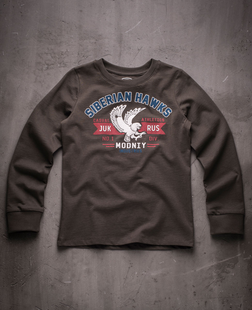 Лонгслив для мальчика. 02-В-0009-01-02/Siberian_Hawks02-В-0009-01-02/Siberian_Hawks Лонгслив для мальчика. 02-В-0009-01-02/Siberian_Hawks02-В-0009-01-02/Siberian_HawksЛонгслив для мальчика Modniy Juk, выполненный из мягкого высококачественного хлопка, идеально подойдет для повседневной носки. Ткань изделия очень приятная на ощупь, не сковывает движения и хорошо пропускает воздух, обеспечивая наибольший комфорт. Модель с длинными рукавами имеет круглый вырез горловины, дополненный трикотажной резинкой. На рукавах предусмотрены широкие эластичные манжеты. Изделие украшено термоаппликацией в виде птицы и надписей. Дизайн и расцветка делают этот лонгслив стильным предметом детской одежды, он поможет создать отличный современный образ.