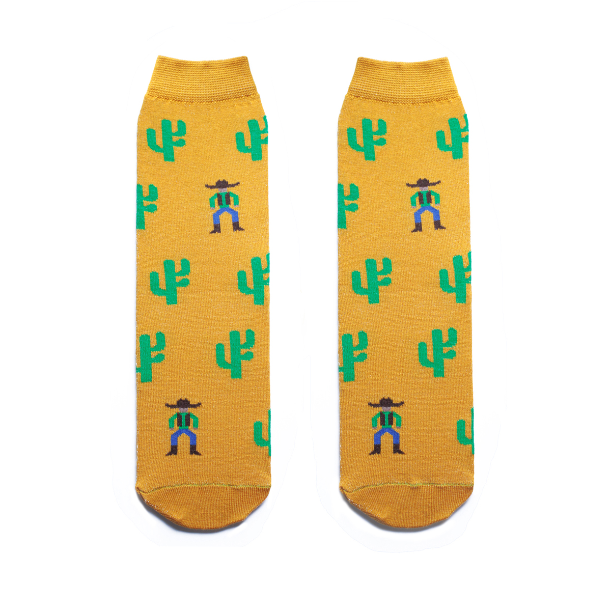 Носкиs2121 Носкиs2121Яркие женские носки Big Bang Socks изготовлены из высококачественного хлопка с добавлением полиамидных и эластановых волокон, которые обеспечивают великолепную посадку. Носки отличаются ярким стильным дизайном, они оформлены изображением кактусов и ковбоев. Удобная резинка идеально облегает ногу и не пережимает сосуды, усиленные пятка и мысок повышают износоустойчивость носка, а удлиненный паголенок придает более эстетичный вид. Дизайнерские носки Big Bang Socks - яркая деталь в вашем образе и оригинальный подарок для друзей и близких.