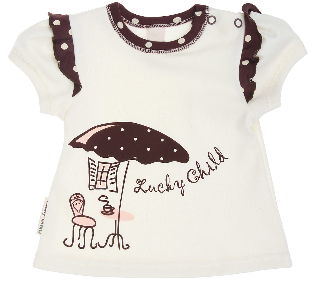 Футболка23-36 Футболка23-36Футболка для девочки Lucky Child Летнее кафе идеально подойдет вашей малышке и станет прекрасным дополнением к детскому гардеробу. Изготовленная из натурального хлопка, она мягкая и приятная на ощупь, не сковывает движения и позволяет коже дышать, не раздражает даже самую нежную и чувствительную кожу ребенка, обеспечивая наибольший комфорт. Футболка с круглым вырезом горловины и короткими рукавами-фонариками имеет трапециевидный крой. По плечевому шву у модели предусмотрены застежки-кнопки, что позволяет легко переодеть кроху. Модель оформлена оригинальным принтом. В такой футболке ваша маленькая принцесса будет чувствовать себя уютно и комфортно, и всегда будет в центре внимания!