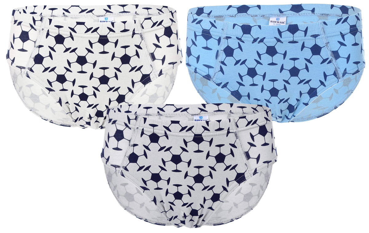 Трусы для мальчика, 3 шт. N3005-22N3005-22 Трусы для мальчика, 3 шт. N3005-22N3005-22Трусы для мальчика Baykar, изготовленные из эластичного хлопка, не раздражают нежную и чувствительную кожу ребенка и хорошо вентилируются. Трусы-слипы на талии имеют широкую эластичную резинку, благодаря чему они не сдавливают животик ребенка и не сползают. Вырезы для ножек также дополнены эластичными резинками. В комплект входят трое трусов-слипов разного цвета. Каждая модель оформлена принтом на футбольную тематику. Такие трусики идеально подойдут ребенку, а мягкие полотна позволят ему комфортно чувствовать себя в течение дня!