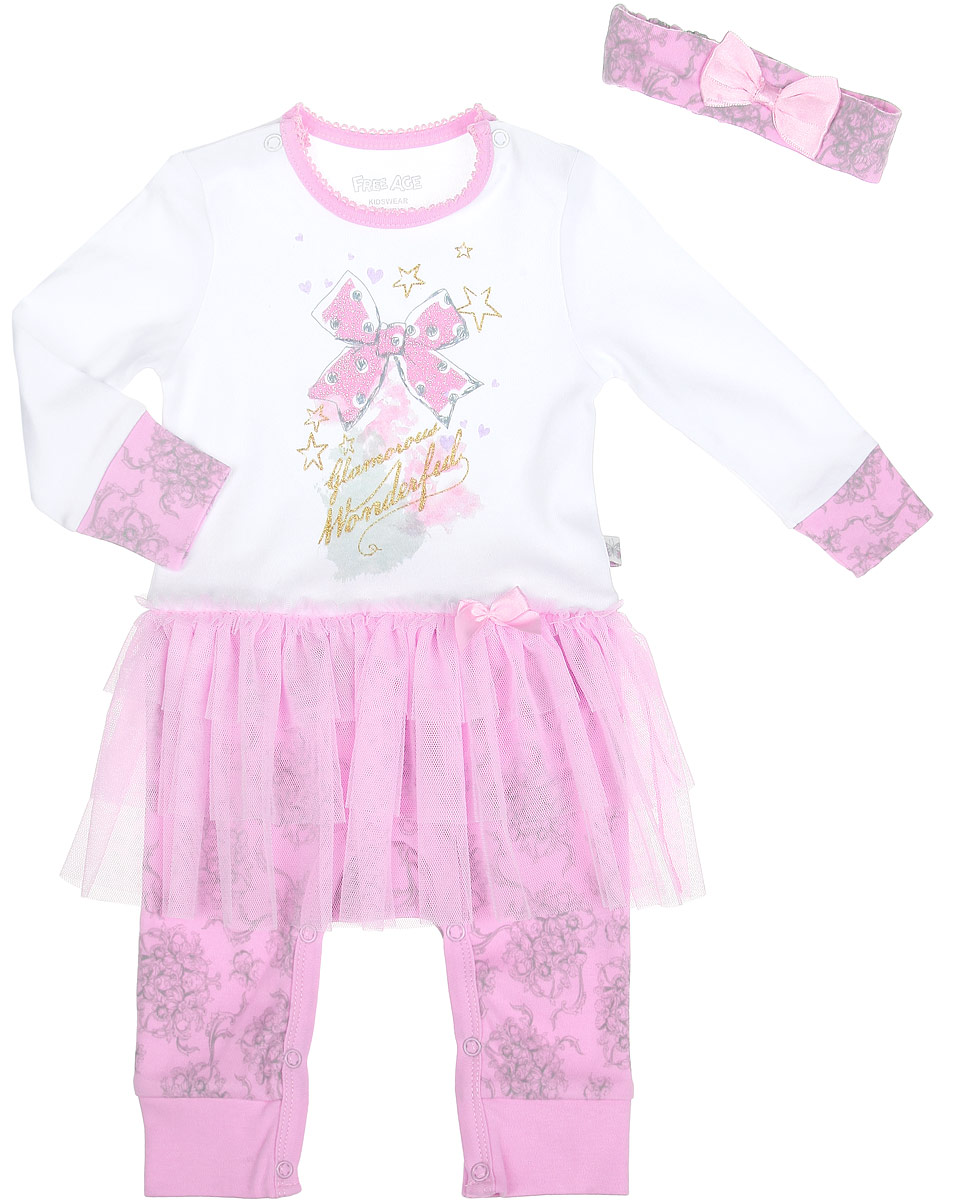 Комбинезон для девочки. ZBG 25314-PWZBG 25314-PW Комбинезон для девочки. ZBG 25314-PWZBG 25314-PWКомбинезон для девочки Free Age прекрасно подойдет вашей маленькой принцессе. Изготовленный из натурального хлопка, он необычайно мягкий и приятный на ощупь, не сковывает движения малышки и позволяет коже дышать, не раздражает даже самую нежную и чувствительную кожу ребенка, обеспечивая ему наибольший комфорт. Комбинезон с длинными рукавами, круглым вырезом горловины и открытыми ножками имеет застежки-кнопки на ластовице и по плечевым швам, которые помогают легко переодеть малышку или сменить подгузник. Горловина оформлена ажурными петельками. Рукава и низ брючин дополнены трикотажными манжетами. Спереди модель оформлена оригинальным принтом с блестящим напылением. От линии талии комбинезон декорирован пышной юбочкой из микросетки и небольшим атласным бантиком. К комбинезону прилагается очаровательная повязка на голову, оформленная атласным бантом. В таком комбинезоне ваша малышка будет чувствовать себя комфортно, уютно и всегда будет в центре внимания!