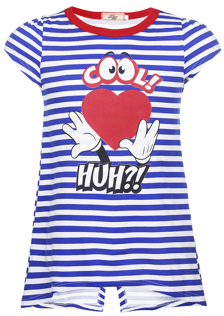 Туника для девочки. SST262025/SST263025SST262025-23/SST263025-23 Туника для девочки. SST262025/SST263025SST262025-23/SST263025-23Модная туника для девочки M&D сделает образ ребенка ярким и интересным. Изготовленная из мягкого эластичного хлопка, она приятная на ощупь, не сковывает движения и хорошо пропускает воздух, обеспечивая комфорт. Туника с круглым вырезом горловины и короткими рукавами-фонариками имеет трапециевидный крой. Вырез горловины дополнен трикотажной резинкой контрастного цвета. Модель с укороченной линией переда имеет удлиненную спинку с разрезом. Изделие оформлено принтом в полоску, украшено оригинальной термоаппликацией. В такой тунике ваша маленькая принцесса будет чувствовать себя комфортно, уютно и всегда будет в центре внимания!