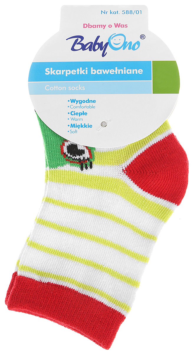 Носки588/01 Носки588/01Комфортные и прочные носки BabyOno выполнены хлопка с добавлением полиэстера и эластана. Материал изделия очень мягкий и приятный на ощупь, хорошо тянется, не деформируясь. Эластичная резинка мягко облегает ножку ребенка, обеспечивая удобство и комфорт. Модель оформлена красочным принтом с изображением лягушонка. Такие носочки станут отличным дополнением к детскому гардеробу!
