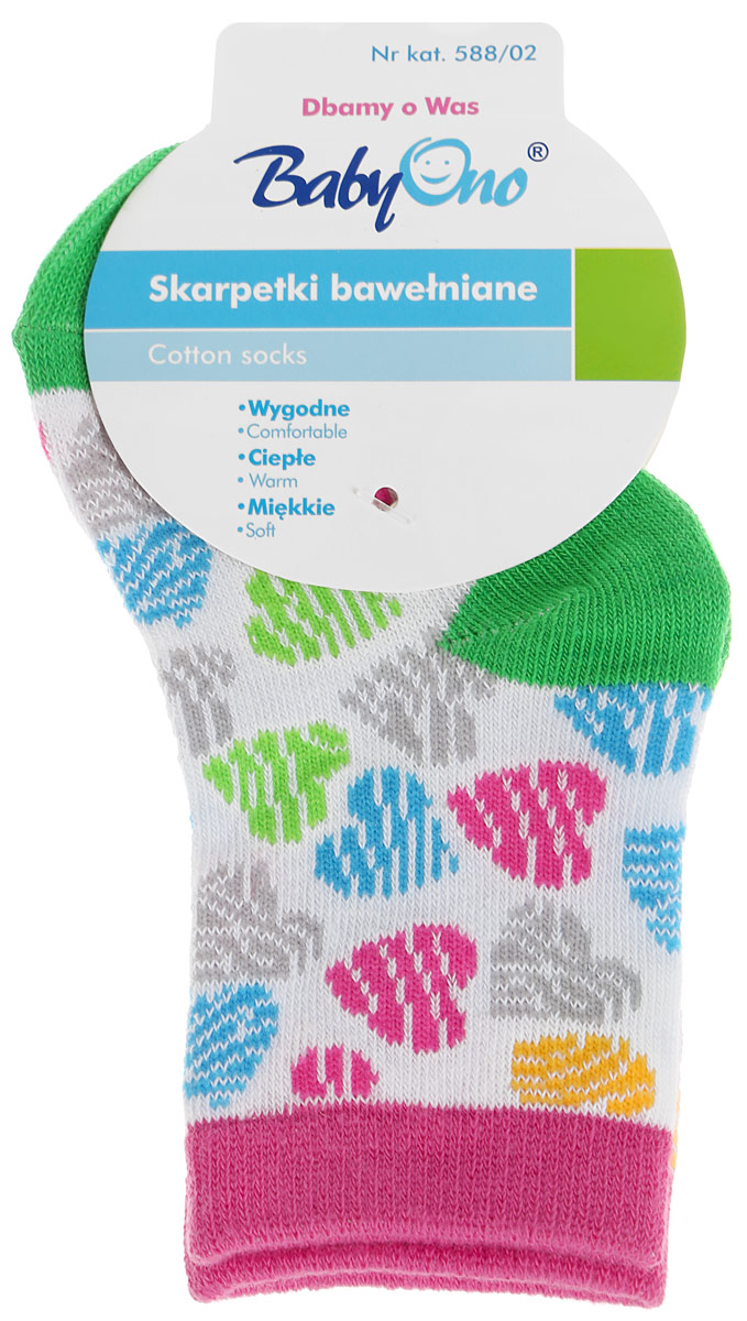 Носки588/02 Носки588/02Комфортные и прочные носки BabyOno выполнены хлопка с добавлением полиэстера и эластана. Материал изделия очень мягкий и приятный на ощупь, хорошо тянется, не деформируясь. Эластичная резинка мягко облегает ножку ребенка, обеспечивая удобство и комфорт. Модель оформлена красочным принтом с изображением сердечек. Такие носочки станут отличным дополнением к детскому гардеробу!