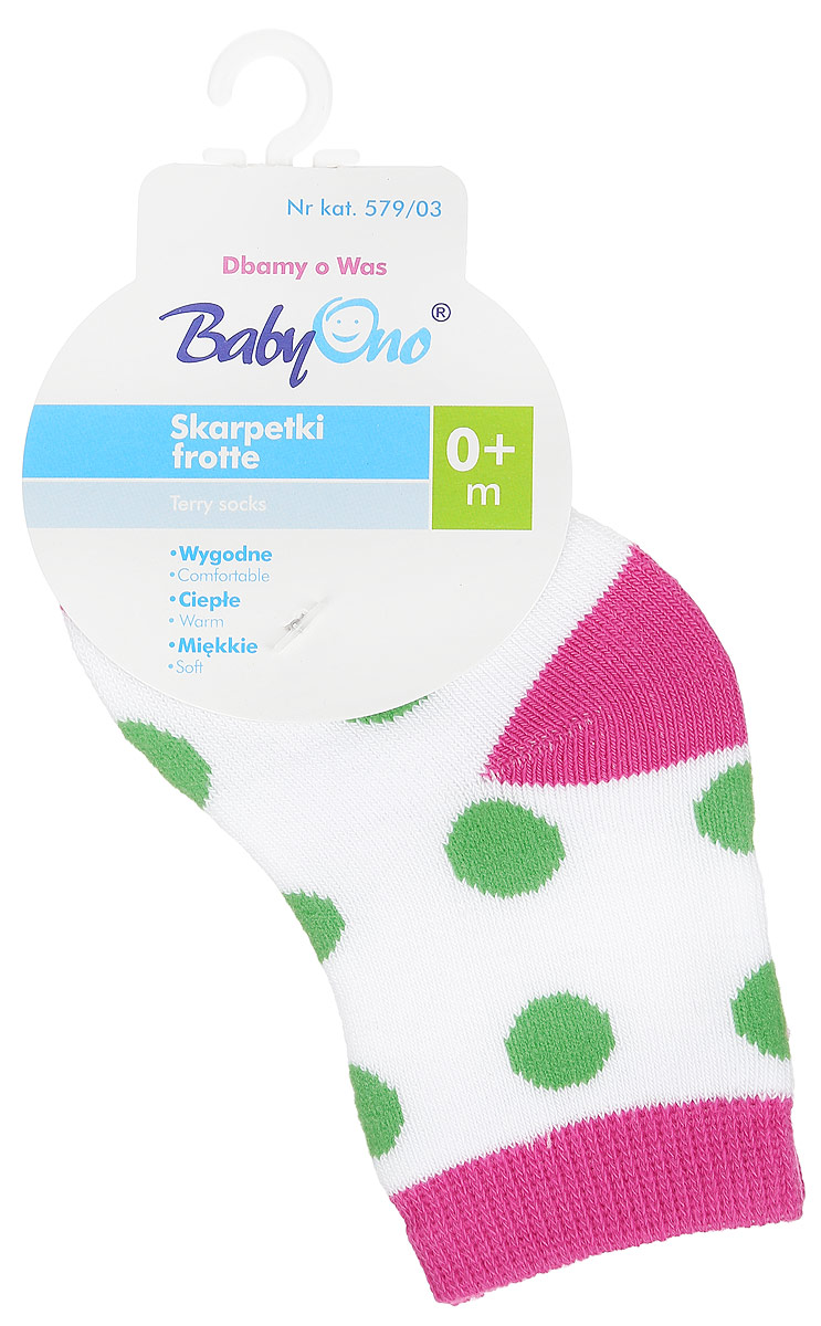 Носки579/03 Носки579/03Детские махровые носочки BabyOno выполнены хлопка с добавлением полиамида и эластана. Материал изделия очень мягкий и приятный на ощупь, хорошо тянется, не деформируясь. Эластичная резинка мягко облегает ножку ребенка, обеспечивая удобство и комфорт. Модель оформлена красочным принтом в горох. Такие носочки станут отличным дополнением к детскому гардеробу!