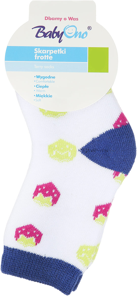 Носки581/02 Носки581/02Детские махровые носочки BabyOno выполнены хлопка с добавлением полиамида и эластана. Материал изделия очень мягкий и приятный на ощупь, хорошо тянется, не деформируясь. Эластичная резинка мягко облегает ножку ребенка, обеспечивая удобство и комфорт. Модель оформлена красочным принтом с изображением ягод. Такие носочки станут отличным дополнением к детскому гардеробу!