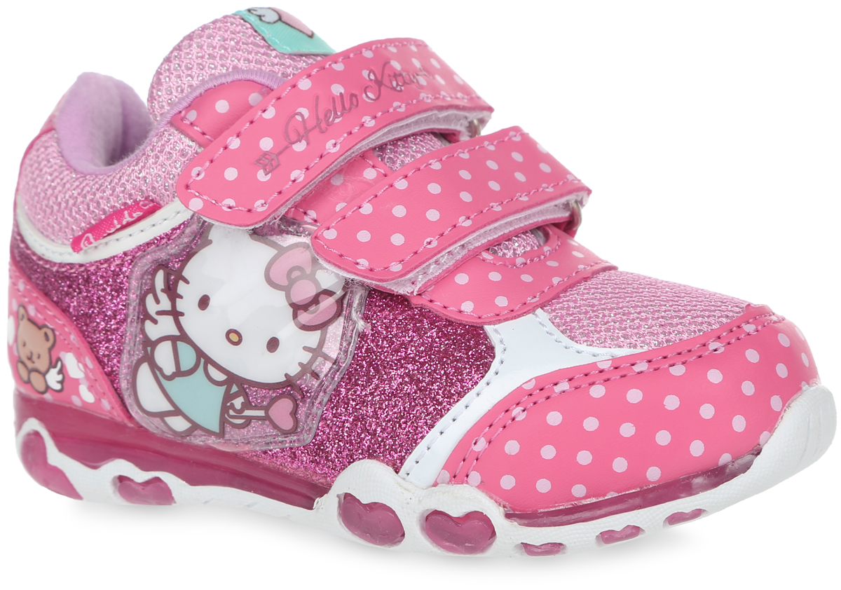 Кроссовки для девочки Hello Kitty. 5901A5901B Кроссовки для девочки Hello Kitty. 5901A5901BПрелестные кроссовки Hello Kitty от Kakadu очаруют вашу малышку с первого взгляда! Они выполнены из синтетической кожи со вставками из дышащего текстиля. Модель дополнена нашивками с символикой Hello Kitty, а по бокам - блестками. Мыс, берцы, ремешки и задник оформлены принтом в горох. Ремешки на застежках-липучках, пропущенные через шлевки на подъеме, надежно зафиксируют модель на ножке ребенка. Подкладка выполнена из 100% гипоаллергенного хлопка - материала, который позволяет коже дышать и хорошо впитывает влагу. Мягкая стелька из EVA-материала с текстильной поверхностью комфортна при ходьбе. Гибкая нескользящая подошва с рифлением обеспечивает идеальное сцепление с любой поверхностью. При движении расположенная сбоку декоративная нашивка с изображением кошечки Китти начинает светиться, благодаря чему ваш ребенок будет на виду даже в темное время суток. Эффектные кроссовки приведут в восторг вашу маленькую модницу!