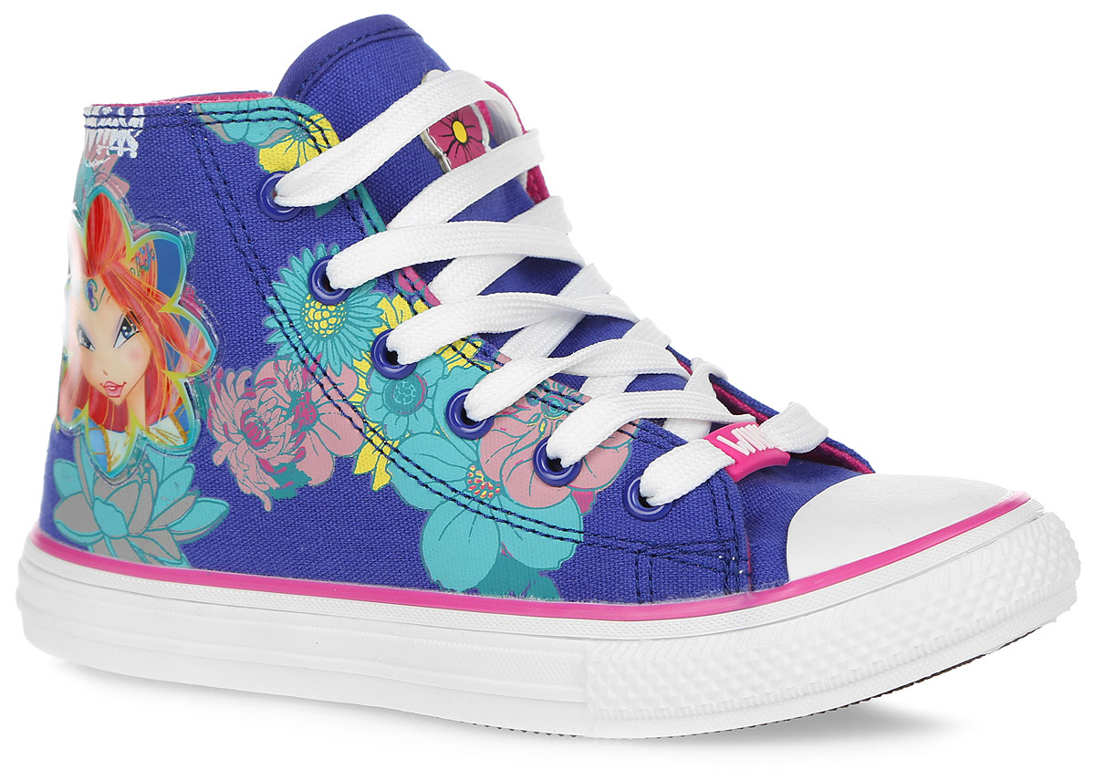 Кеды для девочки Winx. 5499C5499C Кеды для девочки Winx. 5499C5499CПрелестные кеды Winx от Kakadu очаруют вашу дочурку с первого взгляда! Модель, выполненная из текстиля, сбоку оформлена цветочным принтом и аппликацией из ПВХ с изображением феи Winx, на язычке - нашивкой в виде цветка. Мыс изделия защищен прорезиненной вставкой. Классическая шнуровка обеспечивает надежную фиксацию модели на ноге. Боковая застежка- молния с хлястиком на застежке-липучке позволяет легко снимать и надевать модель. Внутренняя поверхность из натурального хлопка хорошо впитывает влагу и позволяет ногам дышать. Анатомическая стелька из материала ЭВА с поверхностью из хлопка, дополненная супинатором с перфорацией, предотвращает плоскостопие, уменьшает усталость ног и нагрузку на суставы и позвоночник. Подошва с рифлением обеспечивает идеальное сцепление с любой поверхностью. Эффектные кеды приведут в восторг вашу модницу!