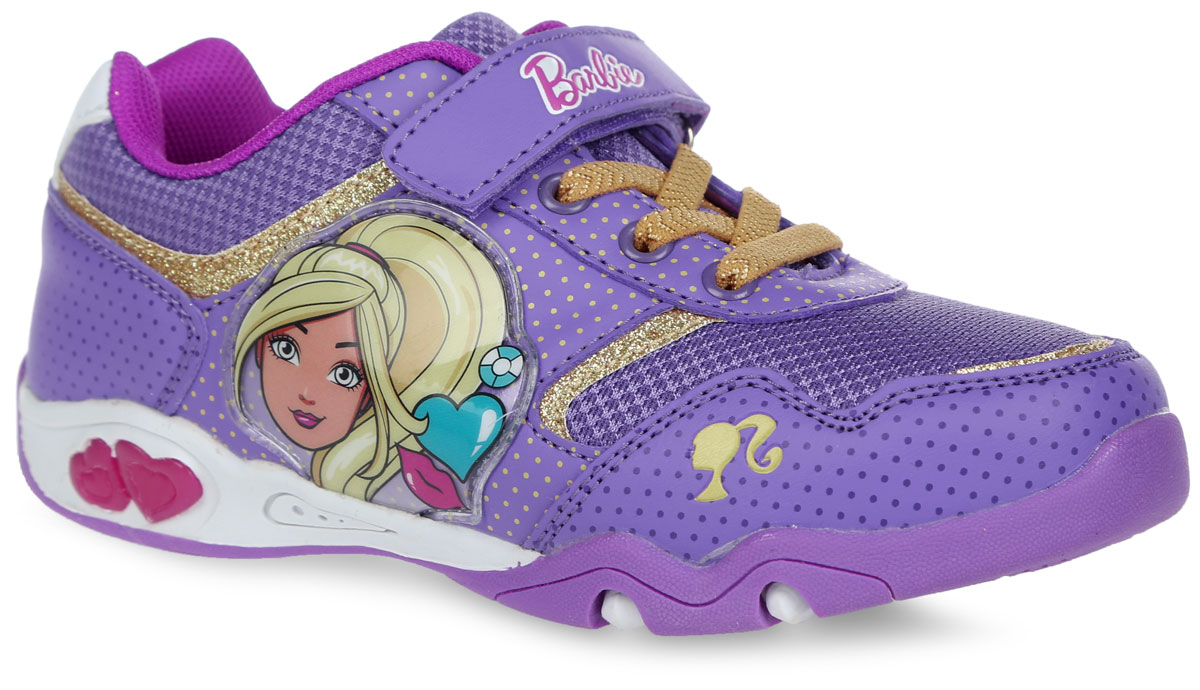 Кроссовки для девочки Barbie. 5855C5855C Кроссовки для девочки Barbie. 5855C5855CПрелестные кроссовки Barbie от Kakadu очаруют вашу дочурку с первого взгляда! Модель выполнена из синтетической кожи со вставками из сетчатого текстиля. Обувь оформлена узором в мелкий горошек, сбоку - нашивкой из ПВХ с изображением прекрасной Барби, на ремешке - тиснением в виде надписи Barbie. Ремешок с застежкой-липучкой и эластичная шнуровка гарантируют оптимальную посадку кроссовок на ножке вашей дочурки. Амортизирующая стелька с антибактериальной пропиткой обладает высокой воздухопроницаемостью, прекрасно впитывает лишнюю влагу, нейтрализует неприятный запах и придает дополнительный комфорт при ходьбе. Подошва с протектором обеспечивает идеальное сцепление с любой поверхностью. Эффектные кроссовки приведут в восторг вашу маленькую модницу!