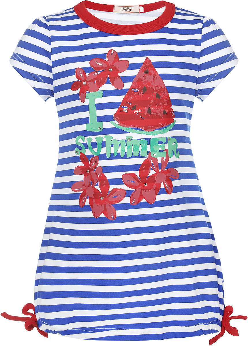 ТуникаSST261A22-23 ТуникаSST261A22-23Туника для девочки M&D изготовлена из эластичного хлопка. Материал изделия мягкий и приятный на ощупь, не сковывает движения и хорошо пропускает воздух. Туника с круглым вырезом горловины и короткими рукавами-фонариками оформлена принтом в полоску и яркой термоаппликацией. Вырез горловины дополнен трикотажной резинкой контрастного цвета. Снизу модель присборена на резинки и украшена бантиками. Изделие декорировано стразами. Современный дизайн и расцветка делают эту тунику стильным и модным предметом детской одежды. В ней маленькая модница всегда будет в центре внимания!