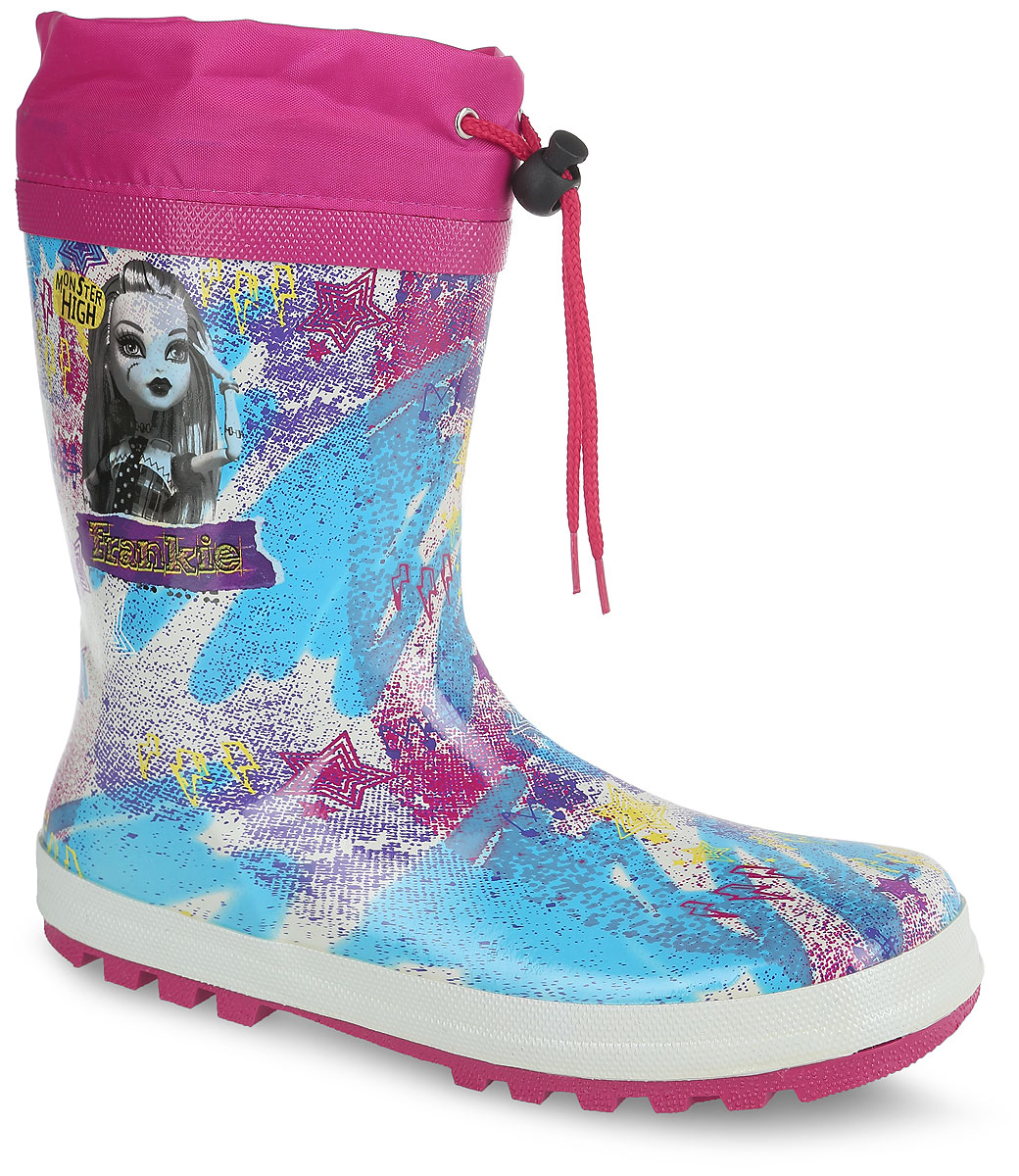 Резиновые сапоги6070B Резиновые сапоги6070BЯркие резиновые сапоги Monster High от Kakadu превосходно защитят ноги вашей девочки от промокания в дождливый день. Сапоги, выполненные из резины, оформлены красочным принтом и изображением героини мультсериала Monster High. Внутренняя поверхность изготовлена из текстильного материала. Съемная стелька из ЭВА материала с верхней поверхностью из текстиля создаст комфорт при ходьбе. Текстильный верх голенища регулируется в объеме за счет шнурка со стоппером. Рельефная поверхность подошвы гарантирует отличное сцепление с любой поверхностью. Качественная и комфортная обувь с изображениями любимых персонажей порадует юных поклонниц мультсериала Monster High.