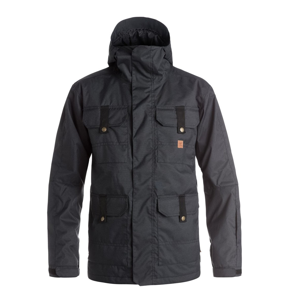 КурткаEDYTJ03022-CNE0 КурткаEDYTJ03022-CNE0Мужская куртка Quiksilver выполнена из 100% полиэстера. В качестве подкладки и утеплителя также используется полиэстер. Изделие произведено из сырья высшего качества. Модель с несъемным капюшоном застегивается на застежку-молнию и имеет ветрозащитную планку на липучках. Край капюшона дополнен шнурком-кулиской и небольшим укрепленным козырьком. Низ рукавов дополнен хлястиком на кнопке, а внутренняя часть рукава оформлена эластичным манжетом с прорезью для большого пальца. Спереди расположено четыре накладных кармана с клапанами на кнопках и липучках и по бокам они же дополнены карманами на молнии, а с внутренней стороны - один накладной карман из сетчатой ткани. Под защитной планкой расположена застежка молния, которая дополнена отверстием для наушников. В поясе с внутренней стороны куртка имеет дополнительную подкладку на резинке, которая защитит от ветра и попадания снега.