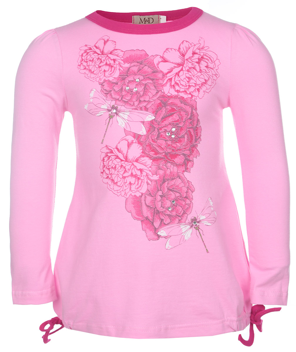 ТуникаWJT260031-5 ТуникаWJT260031-5Туника для девочки M&D изготовлена из эластичного хлопка. Материал изделия мягкий и приятный на ощупь, не сковывает движения и хорошо пропускает воздух. Туника с круглым вырезом горловины и длинными рукавами оформлена цветочным принтом. Вырез горловины дополнен трикотажной резинкой контрастного цвета. Снизу модель присборена на резинки и украшена бантиками. Изделие декорировано стразами. Современный дизайн и расцветка делают эту тунику стильным и модным предметом детской одежды. В ней маленькая модница всегда будет в центре внимания!