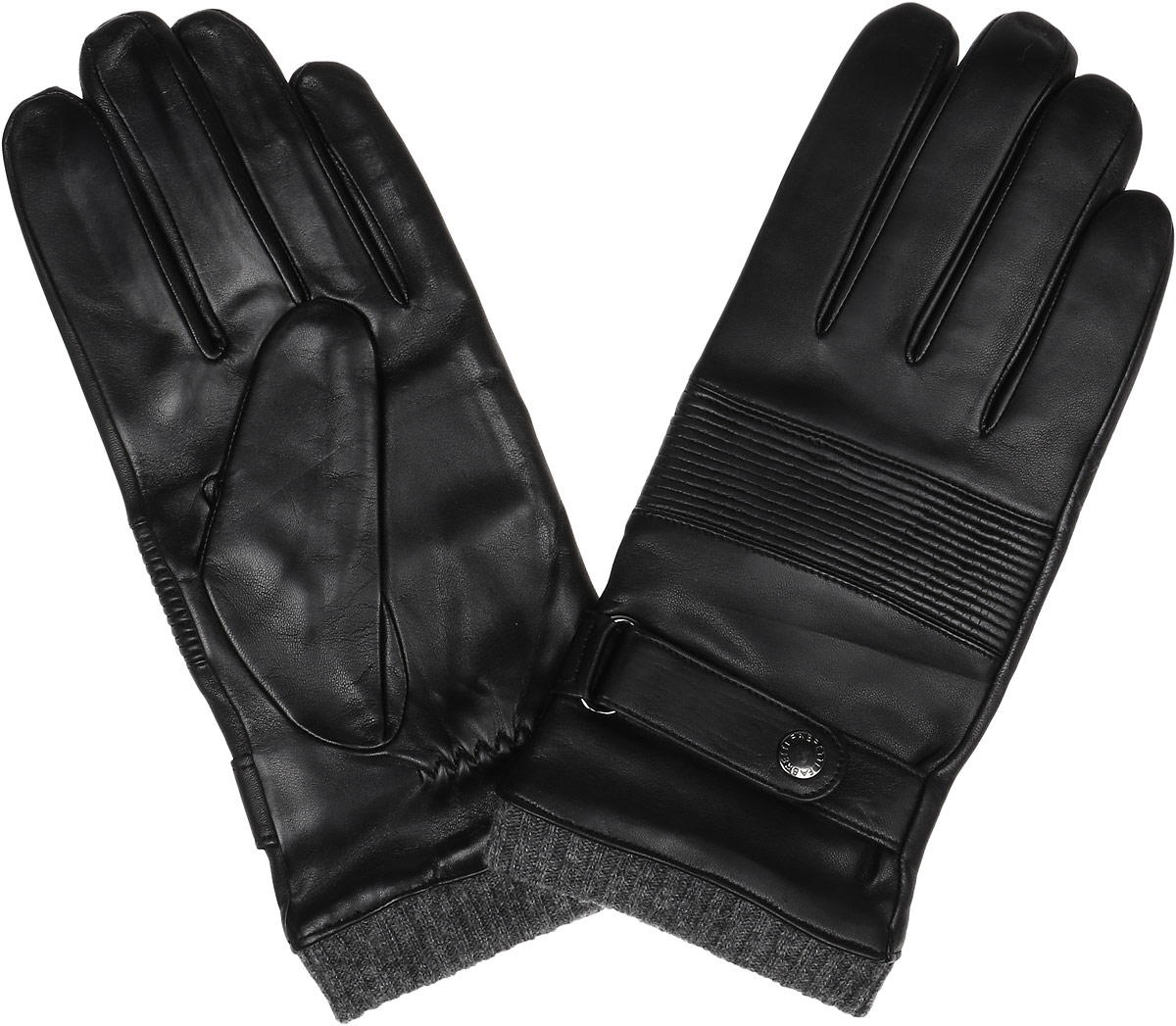 Перчатки12.50-1 black Перчатки12.50-1 blackСтильные мужские перчатки Fabretti не только защитят ваши руки, но и станут великолепным украшением. Перчатки выполнены из натуральной кожи ягненка, а их подкладка - из высококачественной шерсти с добавлением кашемира. Модель дополнена небольшим хлястиком на кнопке на запястье, пропущенным через металлическую шлевку. Изделие имеет строчки-стежки на запястье, которые придают большее удобство при носке, также верхняя сторона перчаток дополнена эластичной резинкой, собранной в гармошку. Манжеты модели выполнены из вязанной резинки. Стильный аксессуар для повседневного образа.