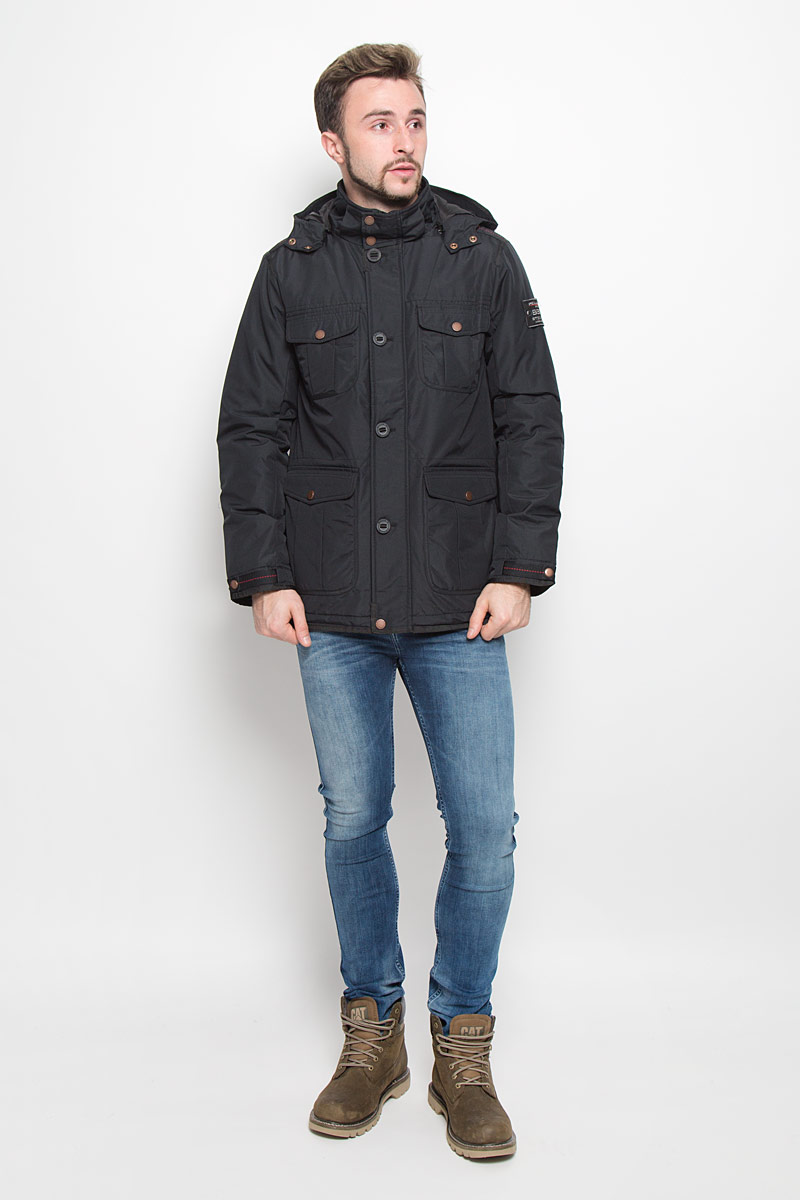 КурткаB536511_BLACK КурткаB536511_BLACKМодная мужская куртка Baon изготовлена из высококачественного полиэстера. В качестве наполнителя используется полиэстер. Куртка с воротником-стойкой и съемным капюшоном с застежками-кнопками застегивается на застежку-молнию и дополнительно на ветрозащитный клапан, пуговицы и кнопки. Спереди имеются четыре накладных кармана с клапанами на кнопках, с внутренней стороны - прорезной карман с застежкой-молнией. Манжеты рукавов оснащены текстильными ремешками на кнопках. Объем капюшона и талии регулируется за счет эластичных шнурков со стопперами.