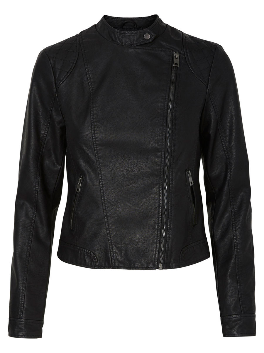 Куртка10156497_Black Куртка10156497_BlackЖенская куртка Vero Moda, выполненная из полиуретана и вискозы, отлично подойдет для прохладной погоды. Изделие дополнено подкладкой из 100% полиэстера. Модель с воротником-стойкой и длинными рукавами спереди застегивается на ассиметричную застежку-молнию. Спереди расположено два прорезных кармана на застежка-молниях.