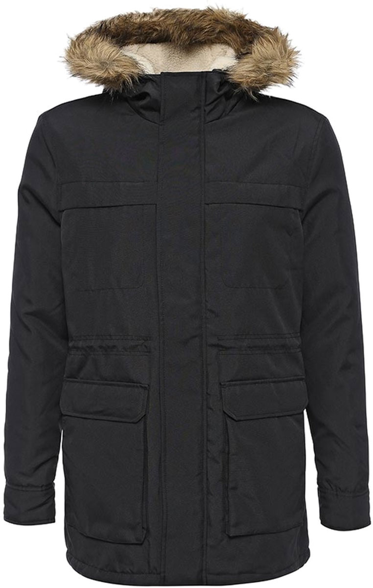 Парка22003874_Black Парка22003874_BlackМужская парка Only & Sons выполнена из 100% полиэстера. Изделие дополнено подкладкой и утеплителем из полиэстера. Модель с несъемным капюшоном и длинными рукавами застегивается на застежку-молнию и имеет ветрозащитную планку на кнопках. Капюшон декорирован искусственным мехом, который пристегивается к нему за счет пуговиц. Низ рукавов дополнен манжетами на липучках. Объем по линии талии регулируется за счет скрытого, эластичного шнурка-кулиски. Спереди расположено два накладных кармана с клапанами на липучках и два прорезных кармана на липучках, а с внутренней стороны - небольшой накладной карман.