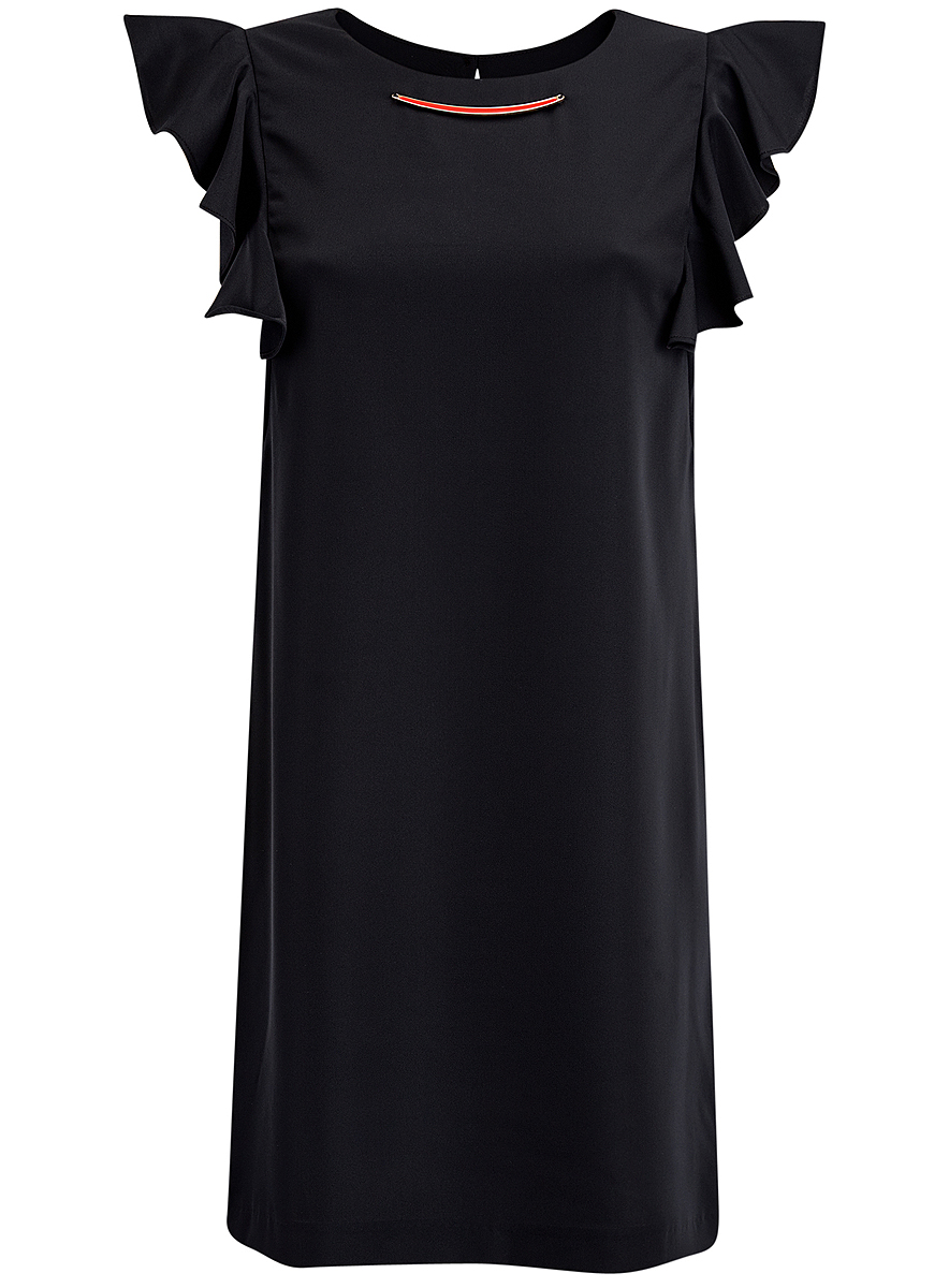 Платье21909002/42720/4500N Платье21909002/42720/4500NПлатье oodji Collection выполнено из эластичного полиэстера. Укороченная модель без рукавов имеет круглый вырез горловины. Платье застегивается на пуговицу на спинке. На плечах расположены вставки с крупными воланами, под горловиной платье украшено металлическим декоративным элементом.