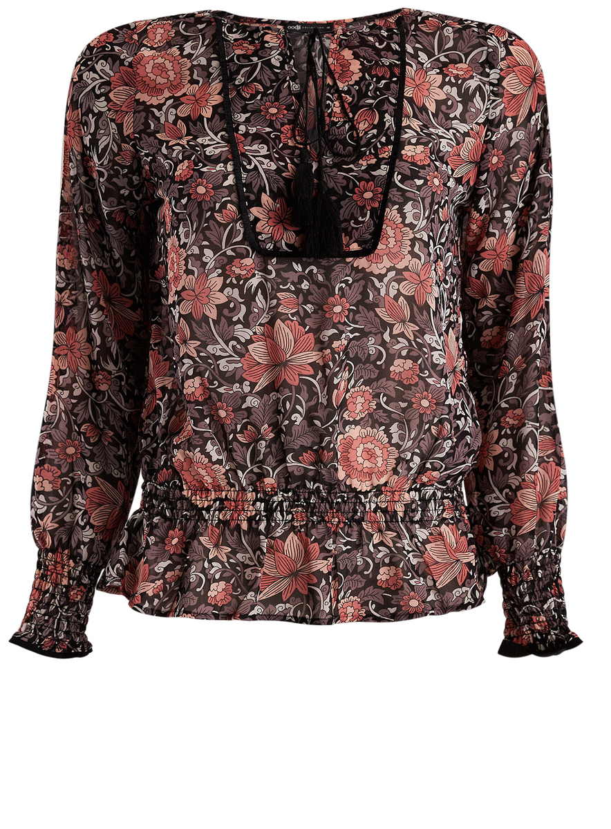 Блузка21411107/17358/3755F Блузка21411107/17358/3755FБлузка oodji Collection имеет свободный крой и круглый ворот с разрезом, декорированным шнурками-кулисками. Блузка оформлена резинками по краю рукавов и по низу изделия.