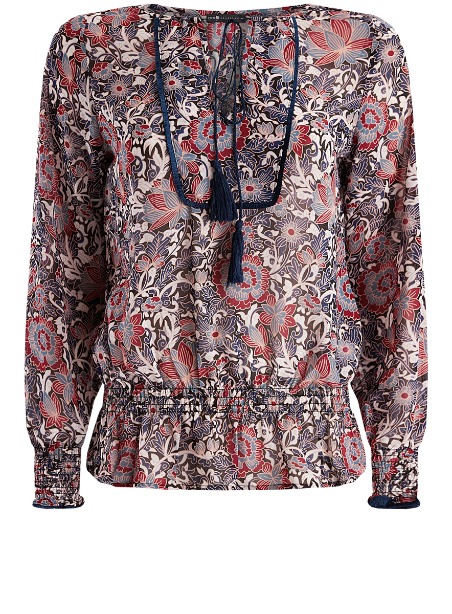 Блузка21411107/17358/3755F Блузка21411107/17358/3755FБлузка oodji Collection имеет свободный крой и круглый ворот с разрезом, декорированным шнурками-кулисками. Блузка оформлена резинками по краю рукавов и по низу изделия.