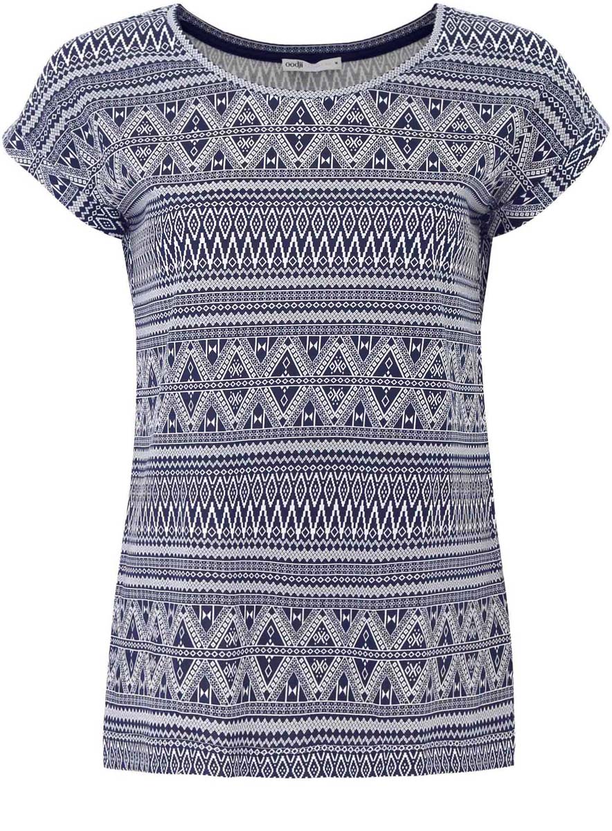 Футболка24708002/42645/7910E Футболка24708002/42645/7910EФутболка oodji Collection выполнена из натурального хлопка с добавлением эластана, обеспечивающего эластичность и хорошую посадку. Модель с круглым вырезом горловины и коротким цельнокроеным рукавом оформлена оригинальным принтом с геометрическими фигурами. По бокам изделие дополнено небольшими разрезами.