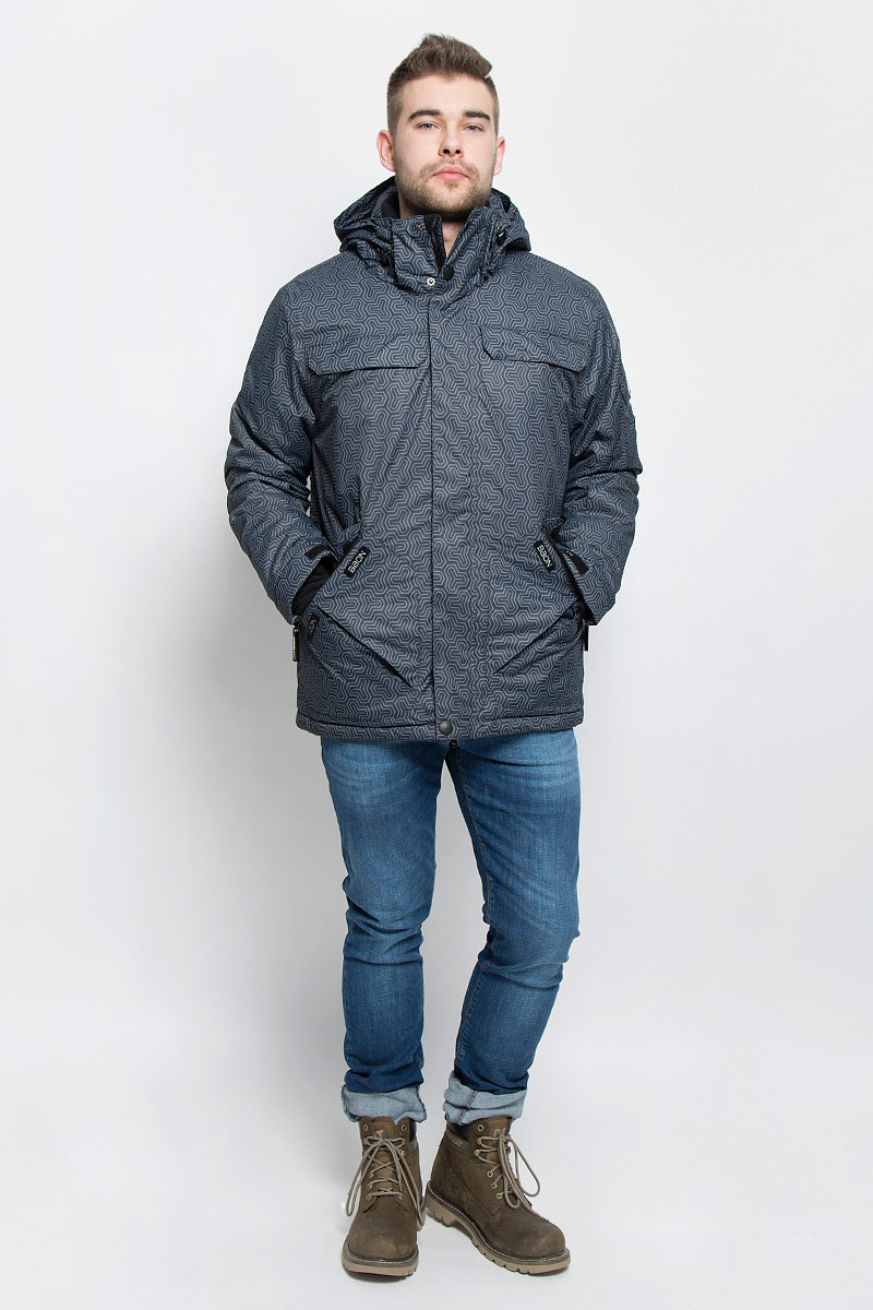 КурткаB536902_DEEP NAVY PRINTED КурткаB536902_DEEP NAVY PRINTEDМужская куртка Baon изготовлена из высококачественного полиэстера. В качестве утеплителя используется полиэстер. Куртка с воротником-стойкой и съемным капюшоном застегивается на застежку-молнию с защитой для подбородка и дополнительно имеет ветрозащитный клапан на липучках и кнопках. Капюшон оснащен эластичными шнурками со стопперами и пристегивается к куртке с помощью застежки-молнии. Низ рукавов дополнен хлястиками на липучках. Под рукавом расположена застежка-молния и сетчатый материал для дополнительной вентиляции. Низ изделия дополнен съемной ветрозащитной планкой на кнопках. Объем по низу регулируется с помощью эластичного шнурка со стоппером. Спереди имеются четыре прорезных кармана на застежках-молниях с клапанами на липучках, с внутренней стороны - прорезной карман на застежке-молнии и небольшой накладной карман-сетка и накладной карман на липучке. На левом рукаве расположен небольшой прорезной карман на застежке-молнии и накладной карман с клапаном на липучке. Куртка...