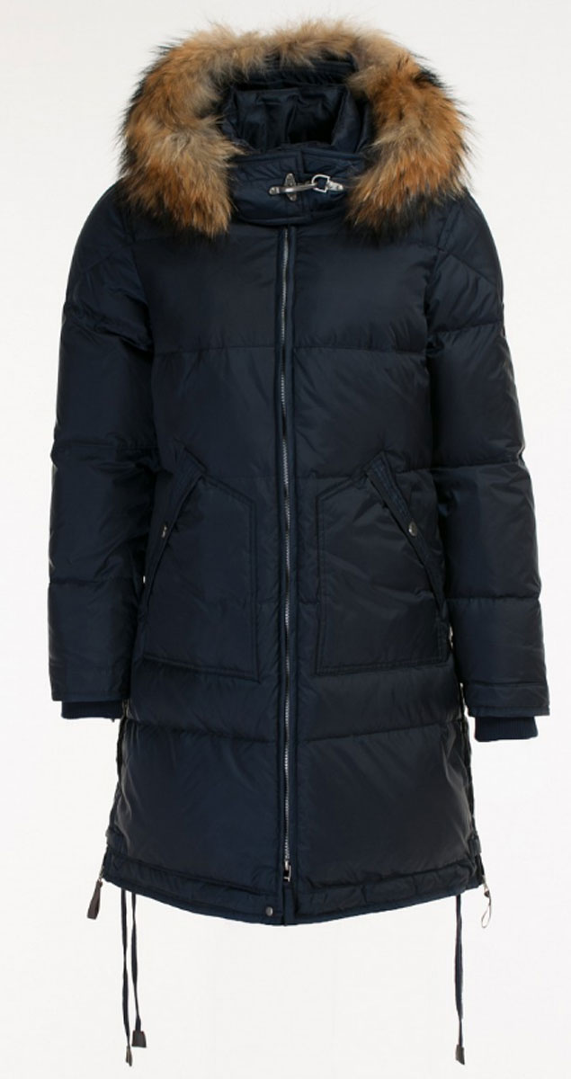 ПуховикB026615_DARK NAVY ПуховикB026615_DARK NAVYЖенский пуховик Baon с длинными рукавами и съемным капюшоном выполнен из прочного полиэстера. Наполнитель - натуральный пух. Капюшон украшен натуральным мехом на липучках. Модель застегивается на застежку-молнию спереди. Изделие дополнено двумя втачными карманами на застежках-молниях спереди. Понизу изделие регулируется при помощи шнурка, боковой молнии и хлястика на кнопке.