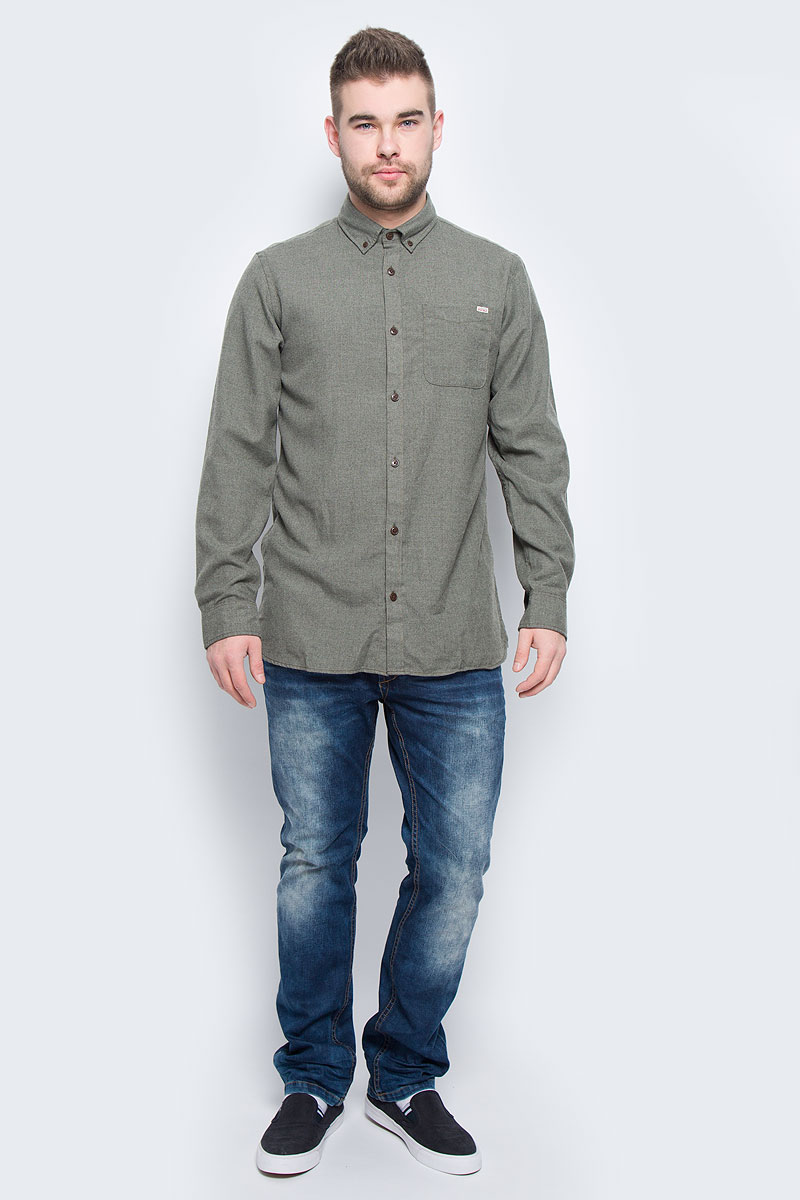 Рубашка12113437_Grey Melange Рубашка12113437_Grey MelangeМужская рубашка Jack & Jones выполнена из полиэстера с добавлением вискозы. Рубашка с длинными рукавами и отложным воротником застегивается на пуговицы спереди. Манжеты рукавов также застегиваются на пуговицы. На груди расположен накладной карман.