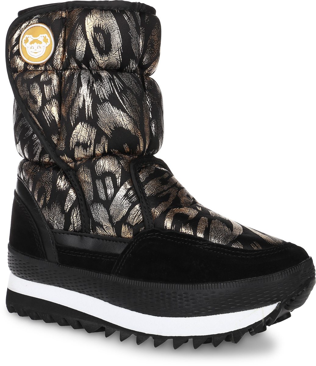Дутики3058-21_BLACK_GOLD Дутики3058-21_BLACK_GOLDДутики от Mon Ami выполнены из текстиля, оформленного узорами с позолотой, и укреплены по низу вставками из натуральной кожи и замши. Голенище оформлено застежкой-липучкой. Подкладка и стелька изготовлены из искусственного меха. Подошва из полимерного термопластичного материала оснащена рифлением.