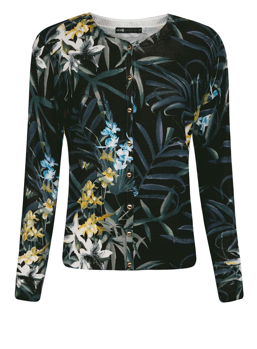 Кофта73212400/45755/2919F Кофта73212400/45755/2919FЖенская кофта oodji Collection, изготовленная из хлопка с добавлением полиамида, мягкая и приятная на ощупь, не сковывает движений и обеспечивает комфорт. Модель с круглым вырезом горловины и длинными рукавами застегивается на пуговицы по всей длине. Горловина, манжеты рукавов и низ изделия связаны резинкой. Кофта оформлена цветочным принтом.
