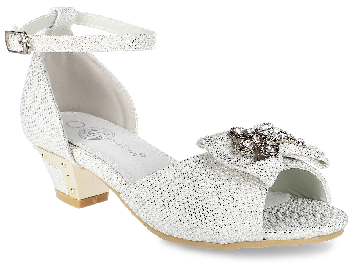 БосоножкиFL-NY01466 БосоножкиFL-NY01466Прелестные босоножки от Flois Kids выполнены из искусственной кожи с люрексом. Передний ремешок оформлен бантиком с металлическим элементом, украшенным стразами. Ремешок с металлической пряжкой, застегивающийся на крючок, надежно зафиксирует модель на ноге. Внутренняя поверхность и стелька из натуральной кожи обеспечат комфорт. Небольшой каблук и подошва с рифлением гарантируют отличное сцепление с любой поверхностью. Каблук оформлен пластиковой вставкой, стилизованной под металл.
