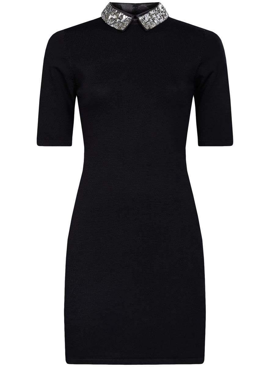 Платье73912222/46083/2900N Платье73912222/46083/2900NМодное платье oodji Collection выполнено из высококачественного комбинированного материала. Модель по фигуре с отложным воротником с крупными стразами и короткими рукавами застегивается на спинке на молнию и крючки.