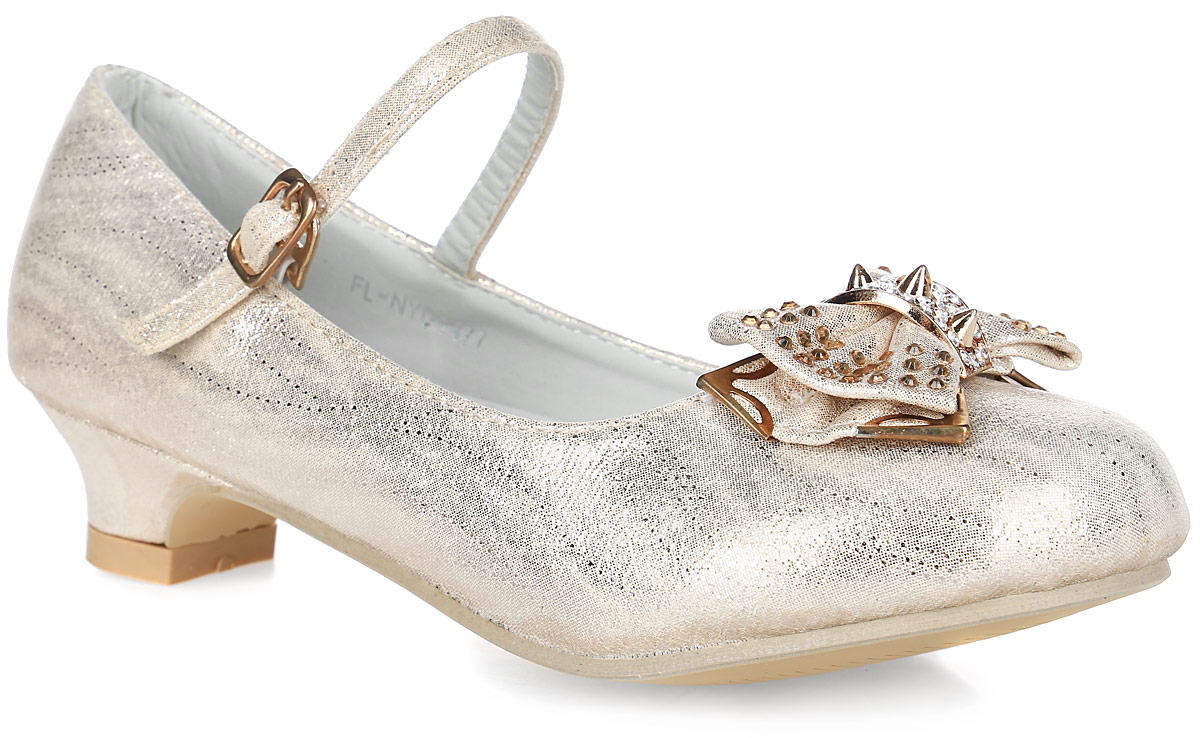ТуфлиFL-NY01477 ТуфлиFL-NY01477Туфли Flois Kids выполнены из искусственной кожи с переливающимся покрытием. Модель оформлена декоративным элементом в виде бантика. На ноге модель фиксируется с помощью ремешка с регулируемой металлической пряжкой, застегивающейся на крючок. Внутренняя поверхность и стелька выполнены из натуральной кожи, комфортной при движении. Стелька дополнена небольшим супинатором с перфорацией, который обеспечит правильное положение стопы и предотвратит плоскостопие. Подошва выполнена из термопластичной резины и дополнена каблуком.