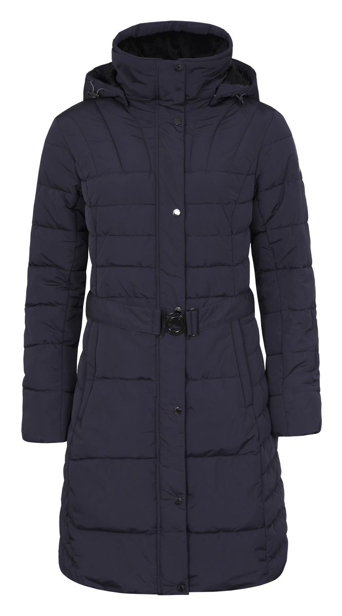 Куртка636451396LV Куртка636451396LVЖенское пальто Vero Moda с длинными рукавами, воротником-стойкой и съемным капюшоном на застежке-молнии выполнено из полиэстера. Объем капюшона регулируется при помощи шнурка-кулиски. Пальто застегивается на застежку-молнию спереди, оснащено ветрозащитным клапаном на кнопках. Изделие дополнено двумя втачными карманами на застежках-молниях спереди. Пальто оснащено широким поясом с металлической застежкой. Модель украшена стеганым узором.