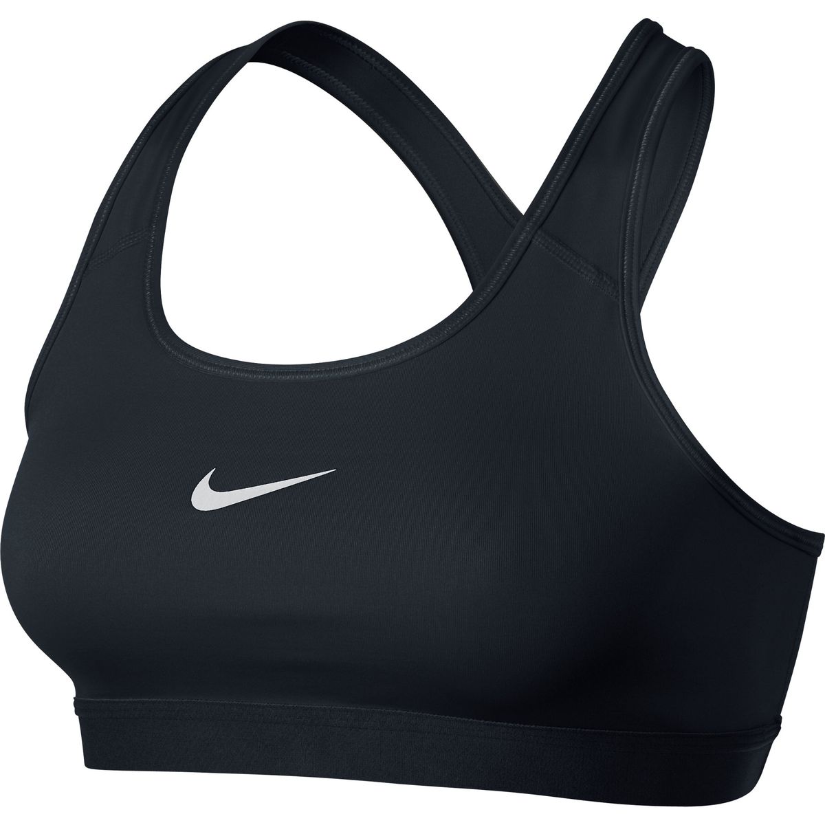 Топ-бра650831-010 Топ-бра650831-010Спортивный топ от Nike выполнен из гладкого эластичного трикотажа черного цвета. Технология Dry-Fit отводит лишнюю влагу во время активности и позволяет коже дышать. Детали: круглый вырез, спинка-борцовка, эластичный нижний кант.
