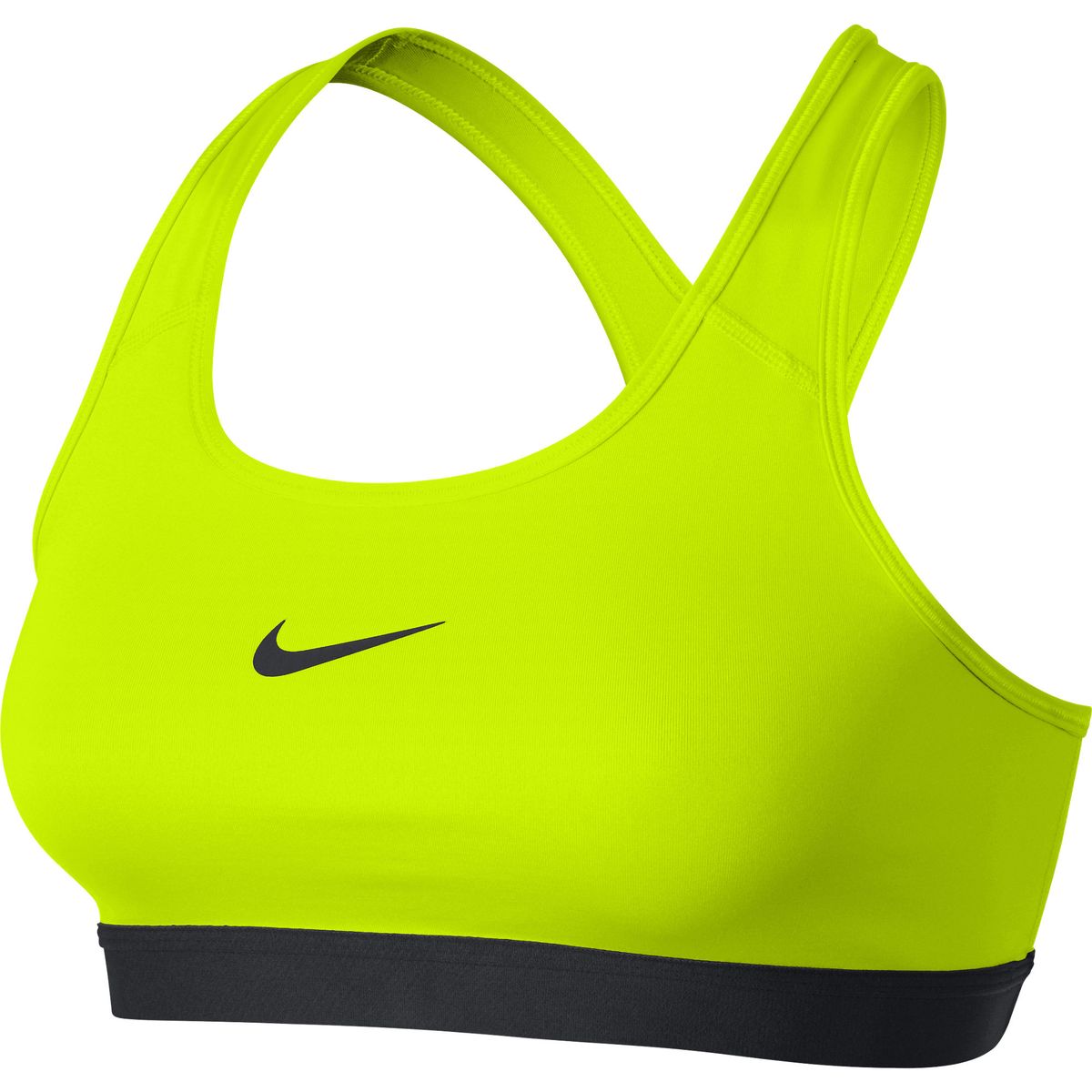 Топ-бра650831-010 Топ-бра650831-010Спортивный топ от Nike выполнен из гладкого эластичного трикотажа черного цвета. Технология Dry-Fit отводит лишнюю влагу во время активности и позволяет коже дышать. Детали: круглый вырез, спинка-борцовка, эластичный нижний кант.