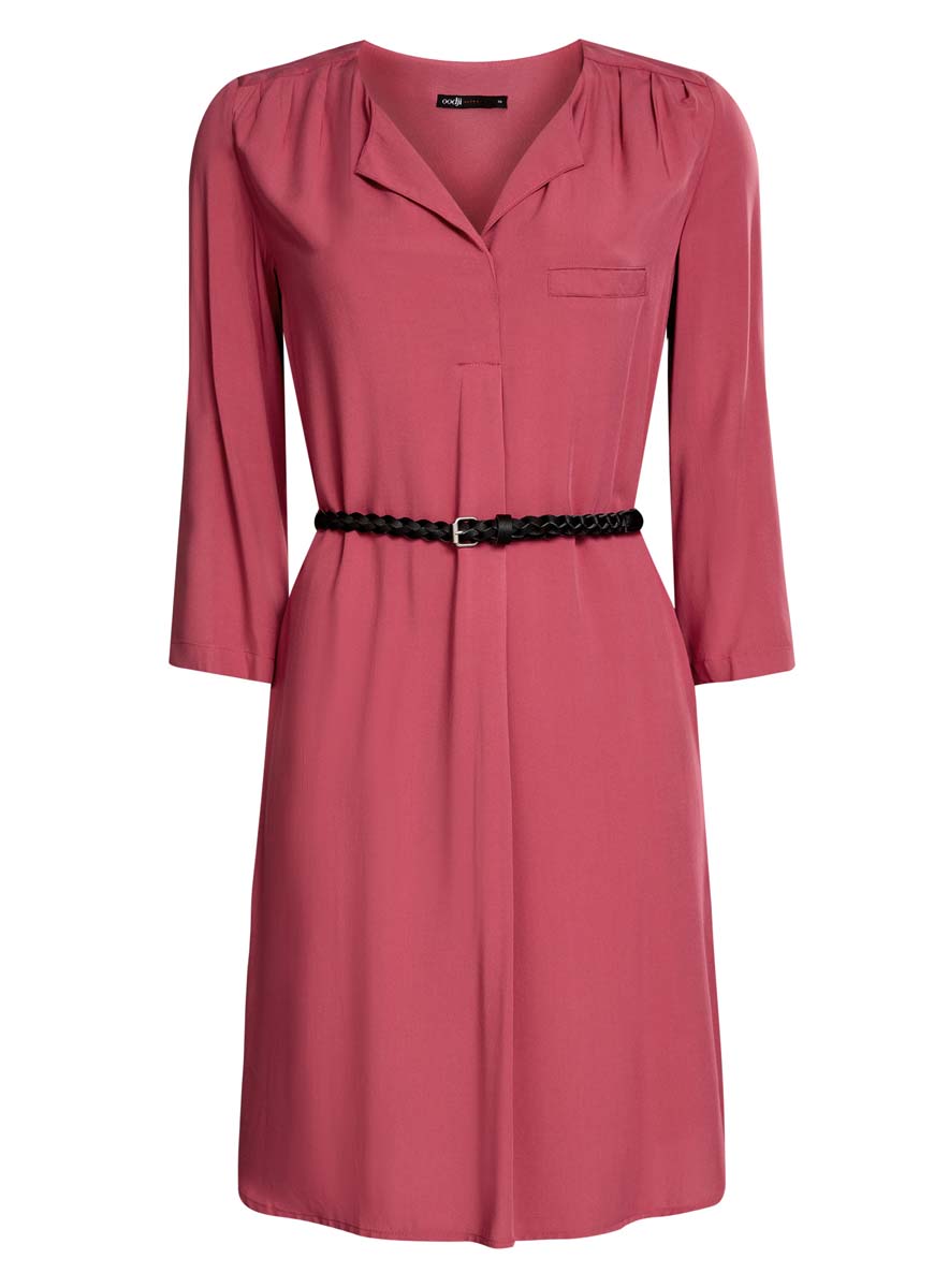 Платье11900180/42540/4500N Платье11900180/42540/4500NПлатье oodji Collection выполнено из вискозы. Модель с V-образным воротником, дополненным застежкой на пуговицах. У изделия рукава три четверти, регулируемые по длине при помощи хлястика с пуговицей. Низ платья ассиметричен и оформлен небольшими разрезами по бокам. Плечи и спинка выполнены защипами. В комплект входит ремень.