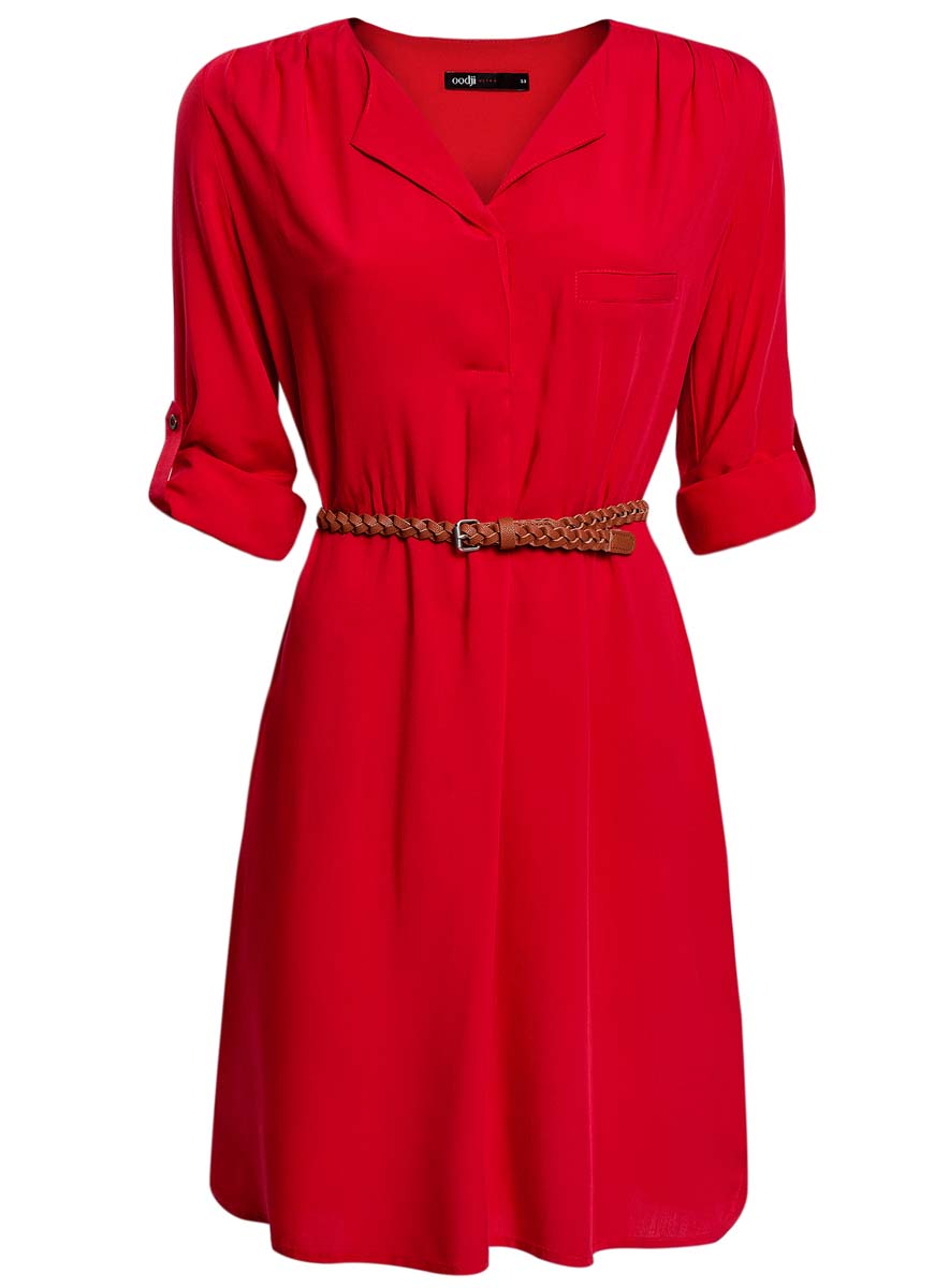 Платье11900180/42540/4500N Платье11900180/42540/4500NПлатье oodji Collection выполнено из вискозы. Модель с V-образным воротником, дополненным застежкой на пуговицах. У изделия рукава три четверти, регулируемые по длине при помощи хлястика с пуговицей. Низ платья ассиметричен и оформлен небольшими разрезами по бокам. Плечи и спинка выполнены защипами. В комплект входит ремень.